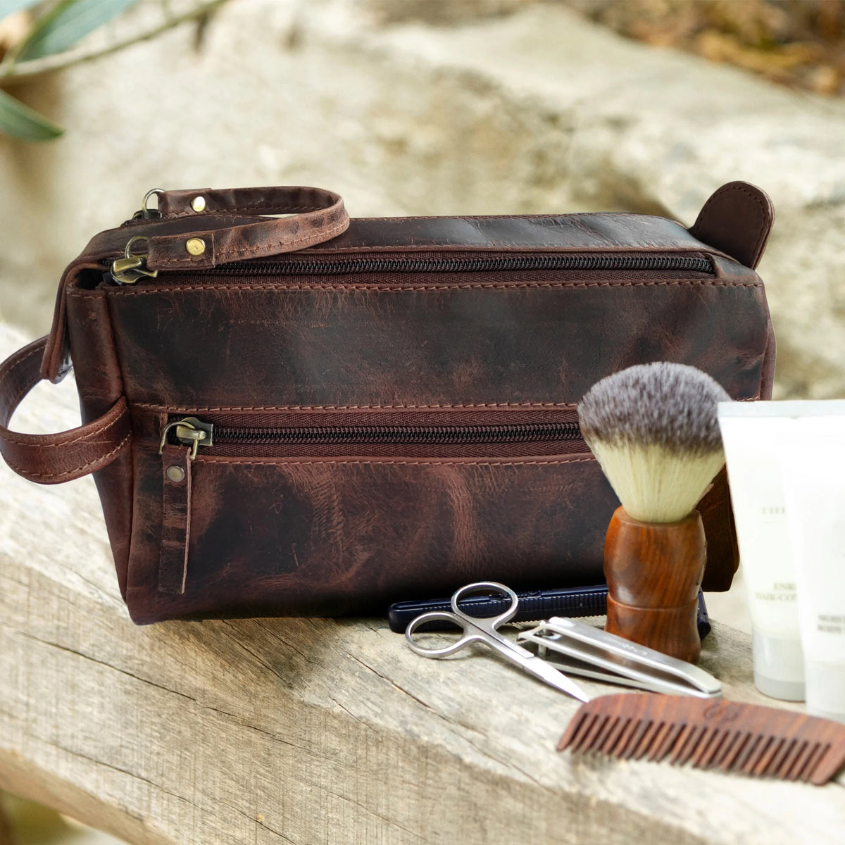 Leather Toiletry Bag for Men Walnut Brown