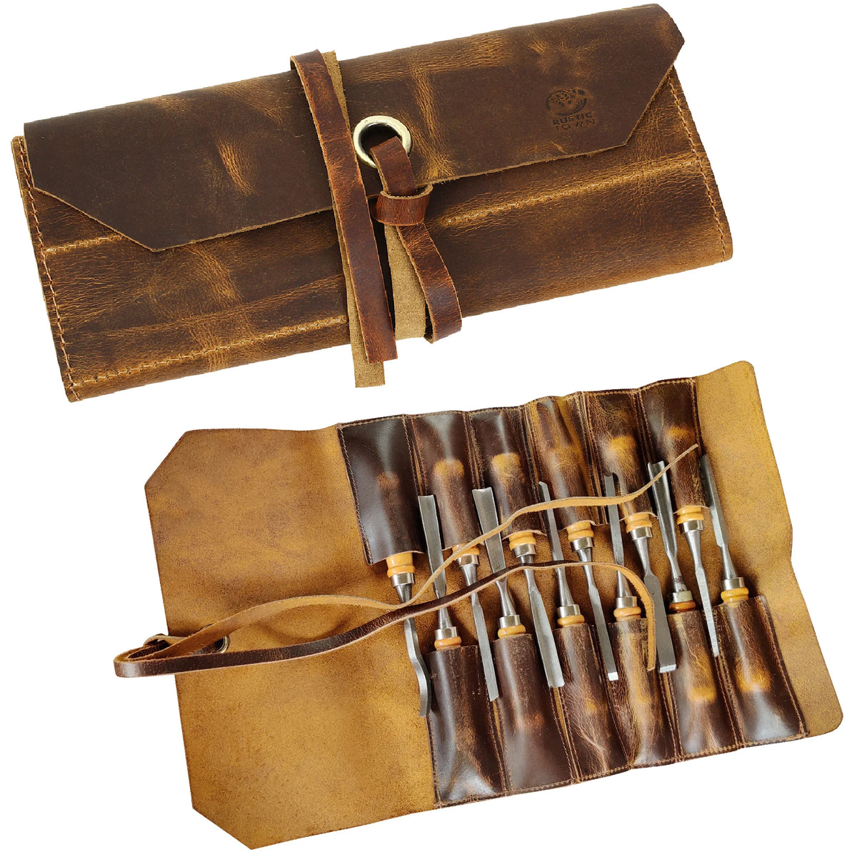Full Grain Leather Tool Roll Up Pouch- Handcrafted Tool Kit (12 Slots) –  Rustic Town