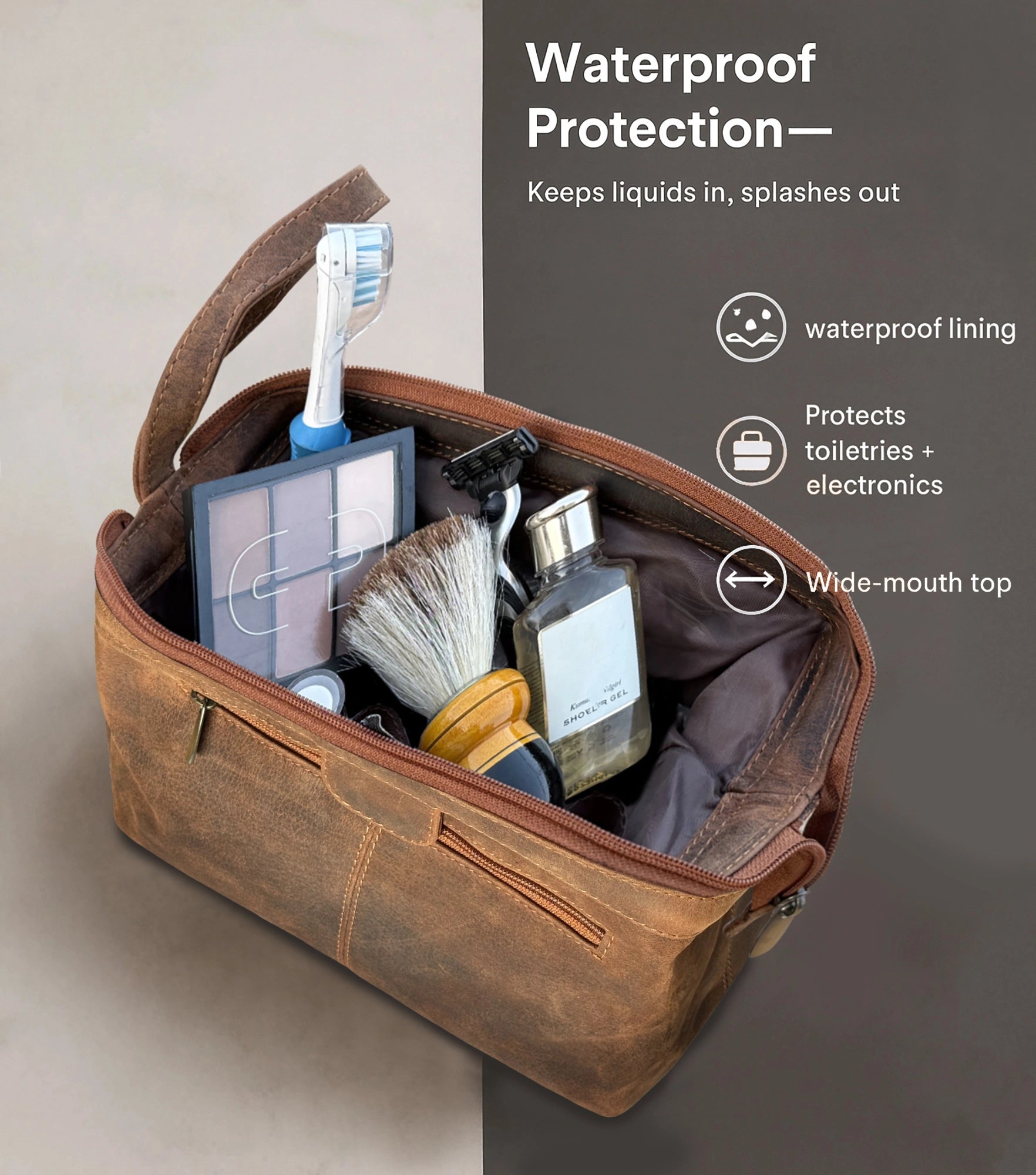 Megan Full-Grain Leather Toiletry Bag - Metal-Frame Large Dopp Kit