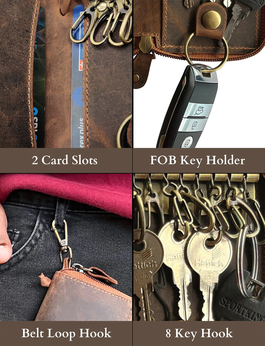 RUSTIC TOWN Leather Key Holder Case - Zippered Key Organizer Wallet with 8  Hooks for Keys, Cash & Card - Gift for Men and Women