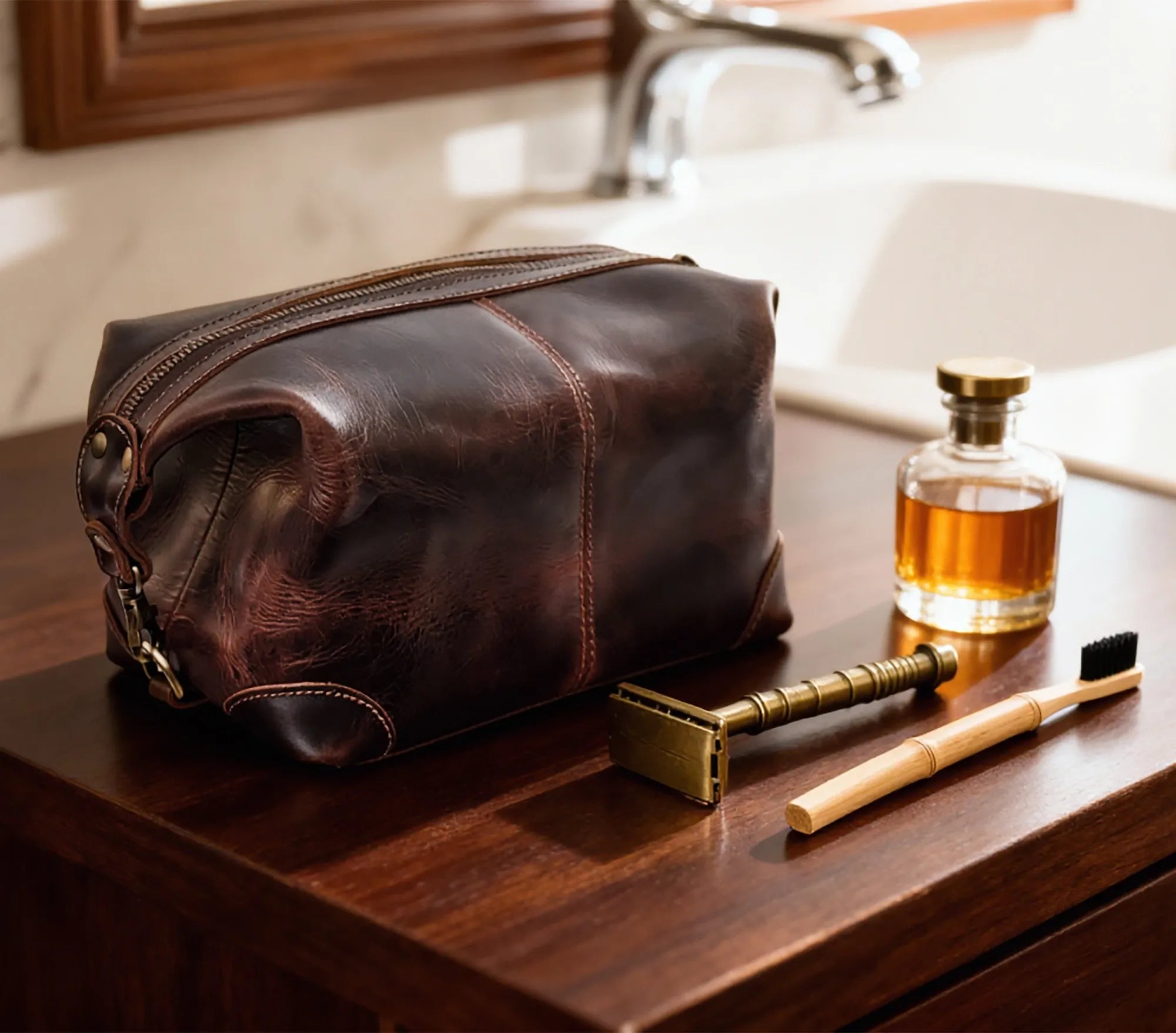 Avery Leather Toiletry Bag for Men - Premium Travel Shaving Dopp Kit