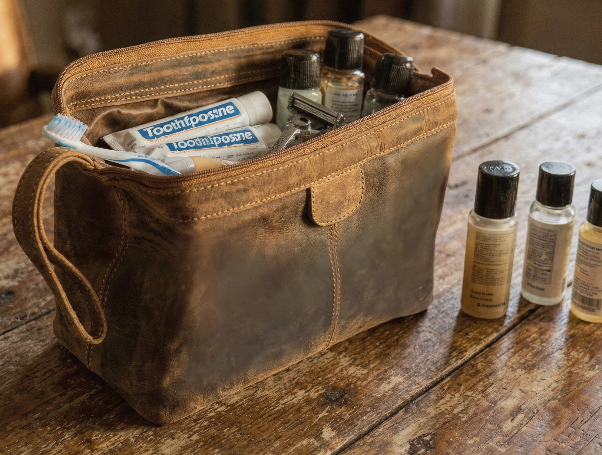 Megan Full-Grain Leather Toiletry Bag - Metal-Frame Large Dopp Kit