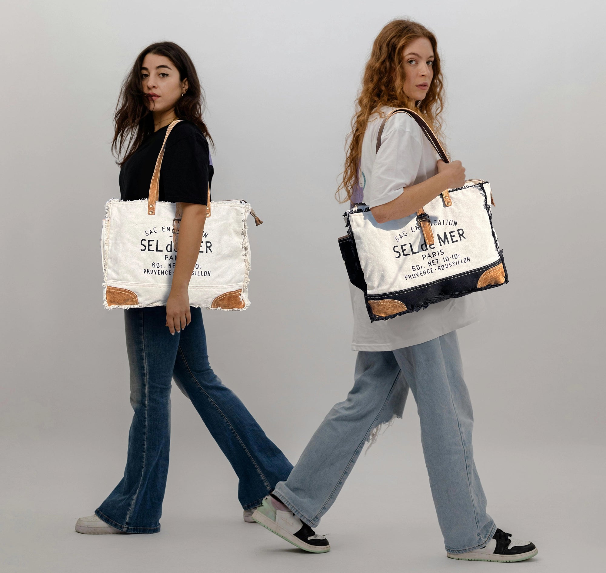 Leather Canvas Tote Bag for Women - Sel de Mer French-Inspired Shoulder Bag, White