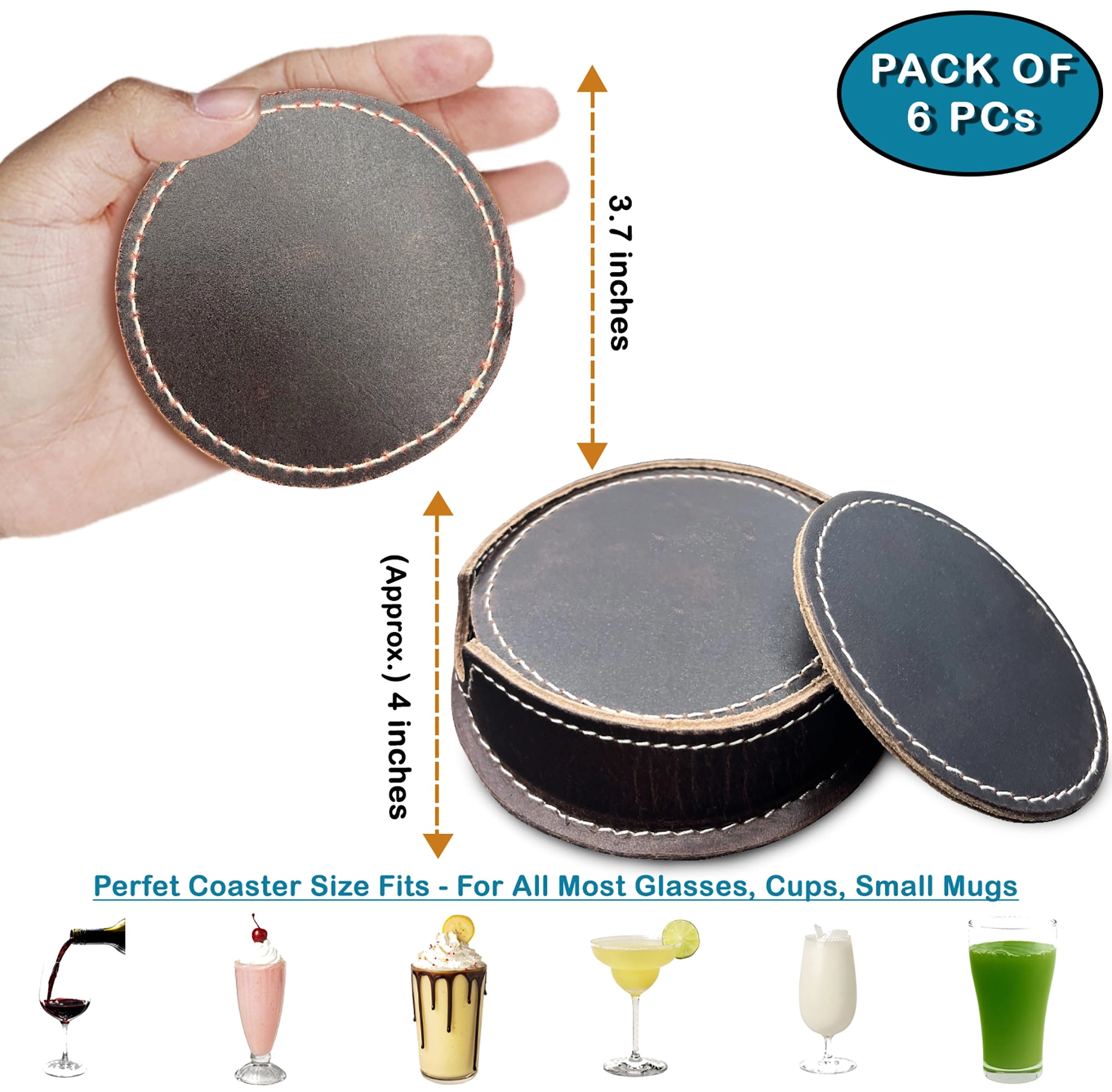 Leather Coasters for Drinks - Handmade Cup Coaster Set