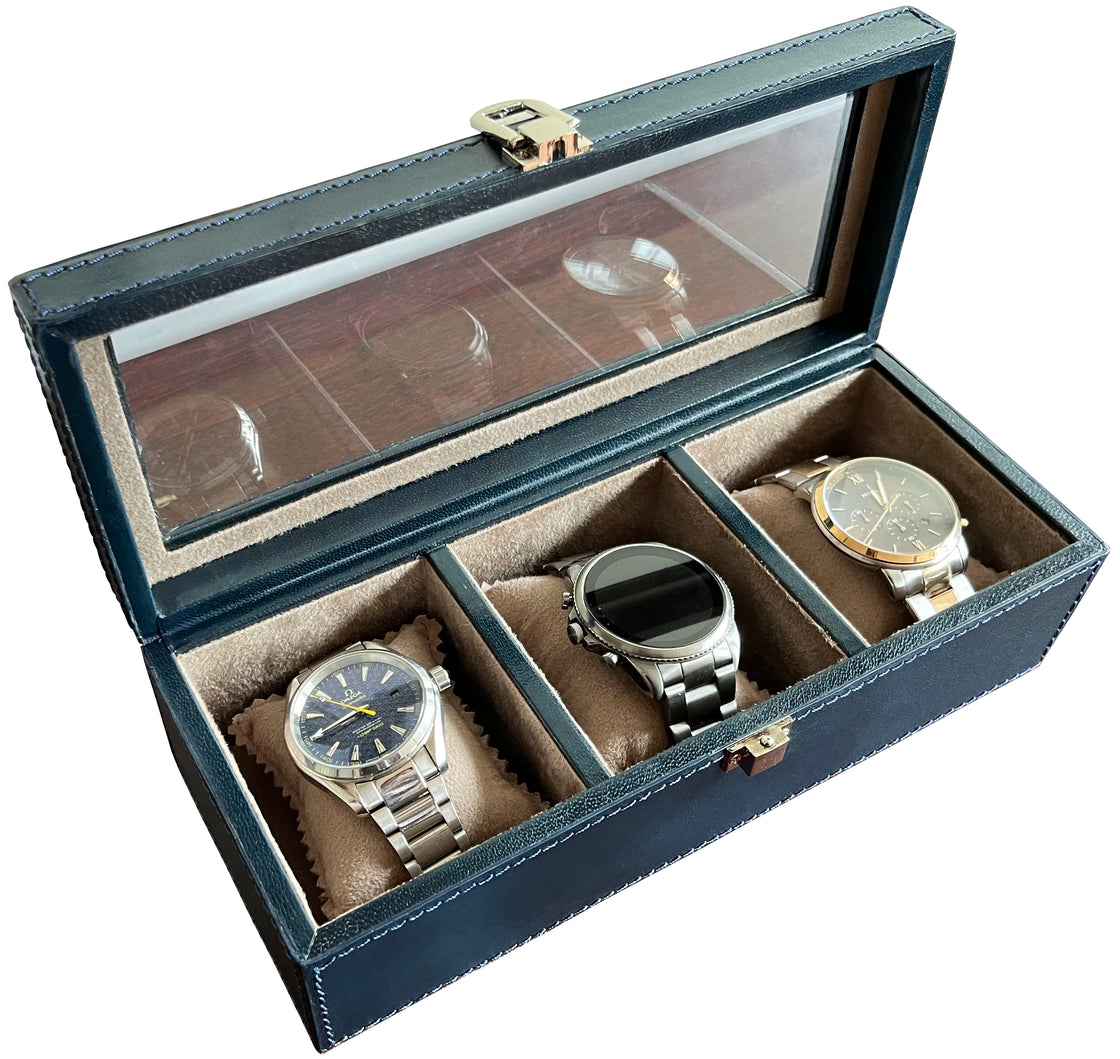 Elite Leather Watch Case - 3 Slots (Blue) – Rustic Town