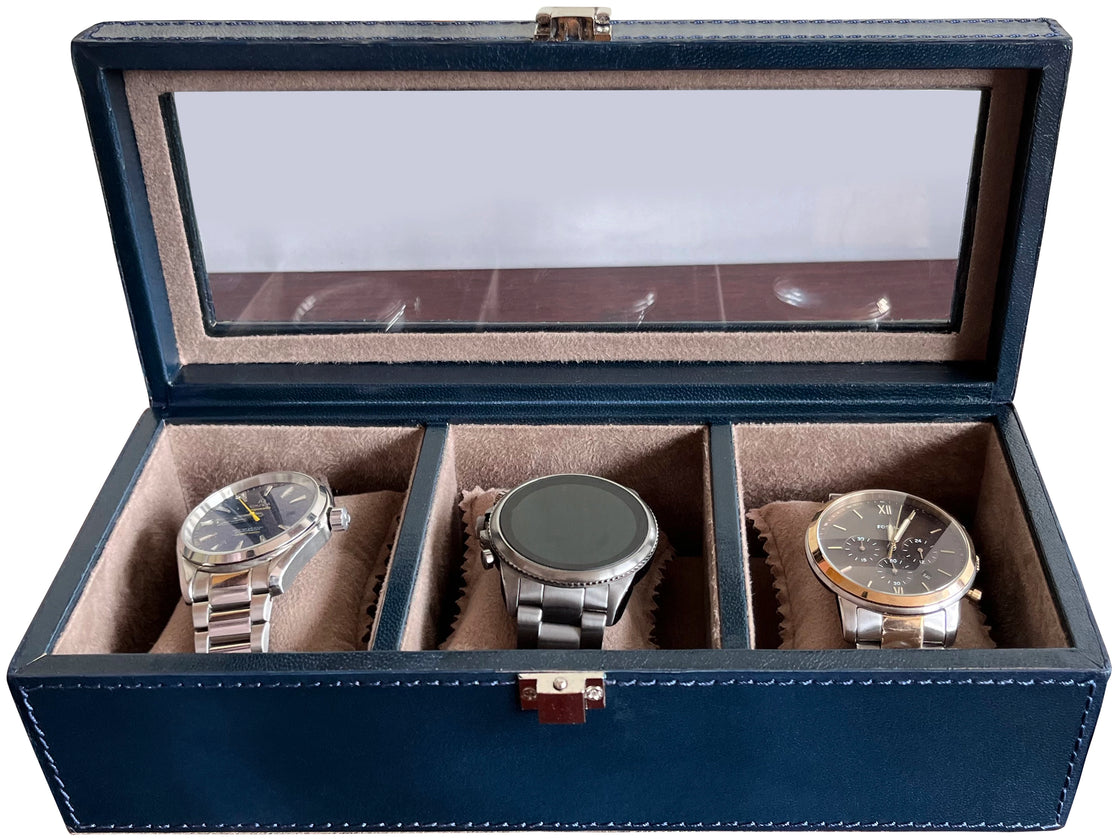 Elite Leather Watch Case - 3 Slots (Blue)