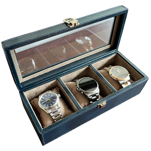 Elite Leather Watch Case - 3 Slots (Blue)