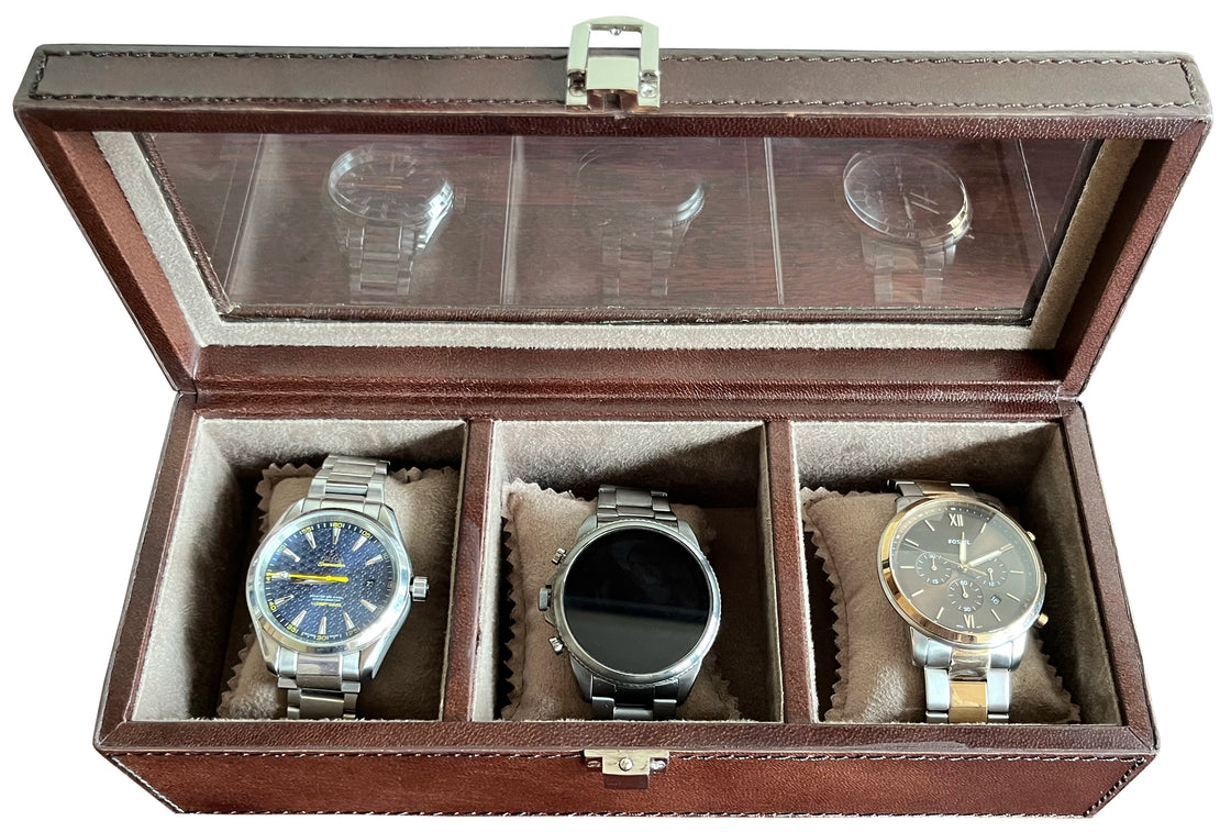 Elite Leather Watch Case - 3 Slots (Brown)