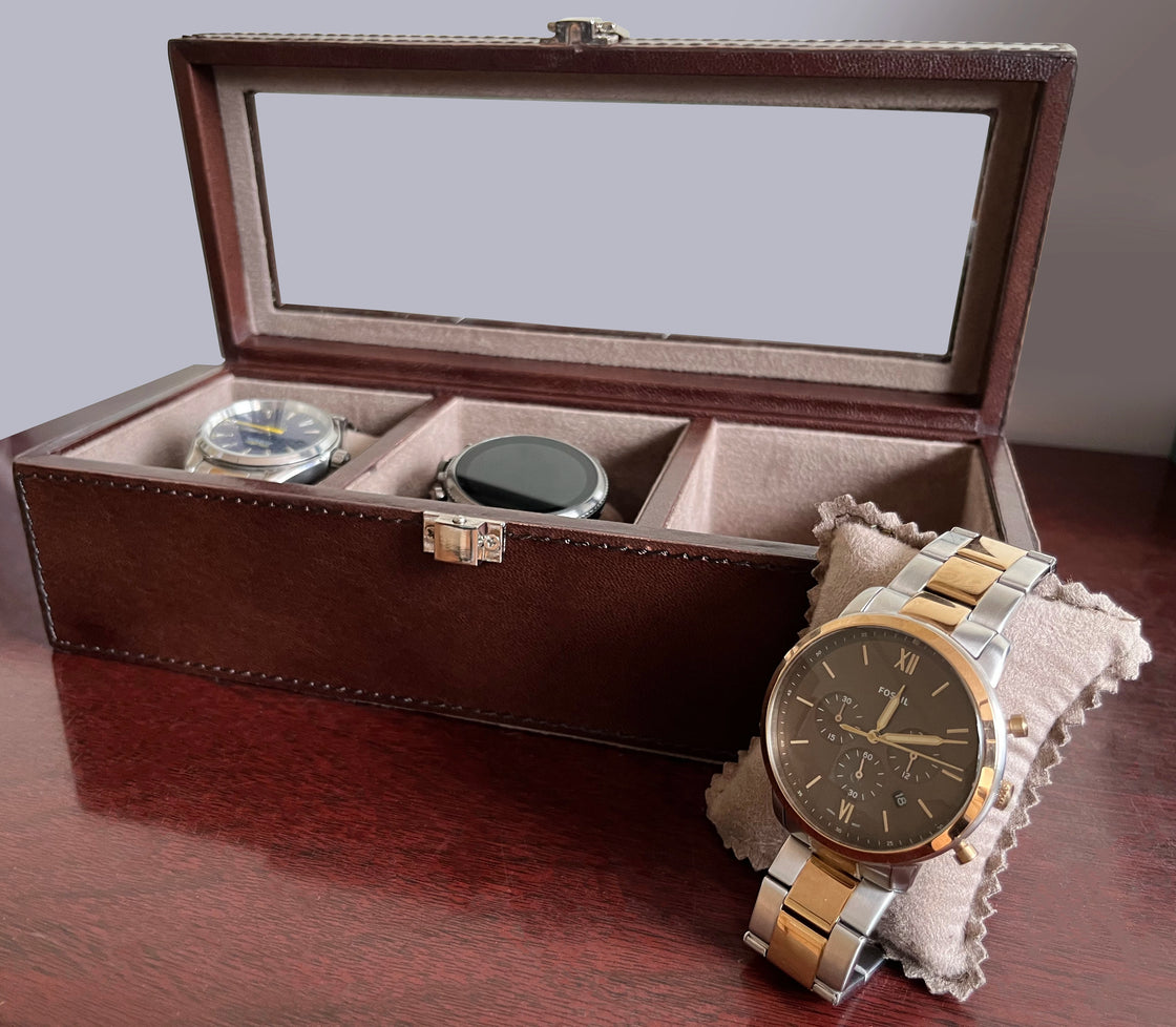 Elite Leather Watch Case - 3 Slots (Brown)