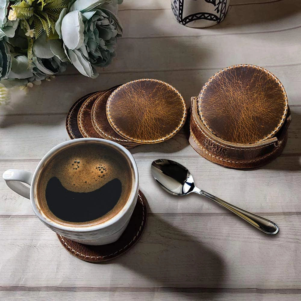 Leather Coasters For Drinks - Cup Coasters Coffee Table Kitchen Table Bar, Home & Office Gifts Handmade Drink Coasters