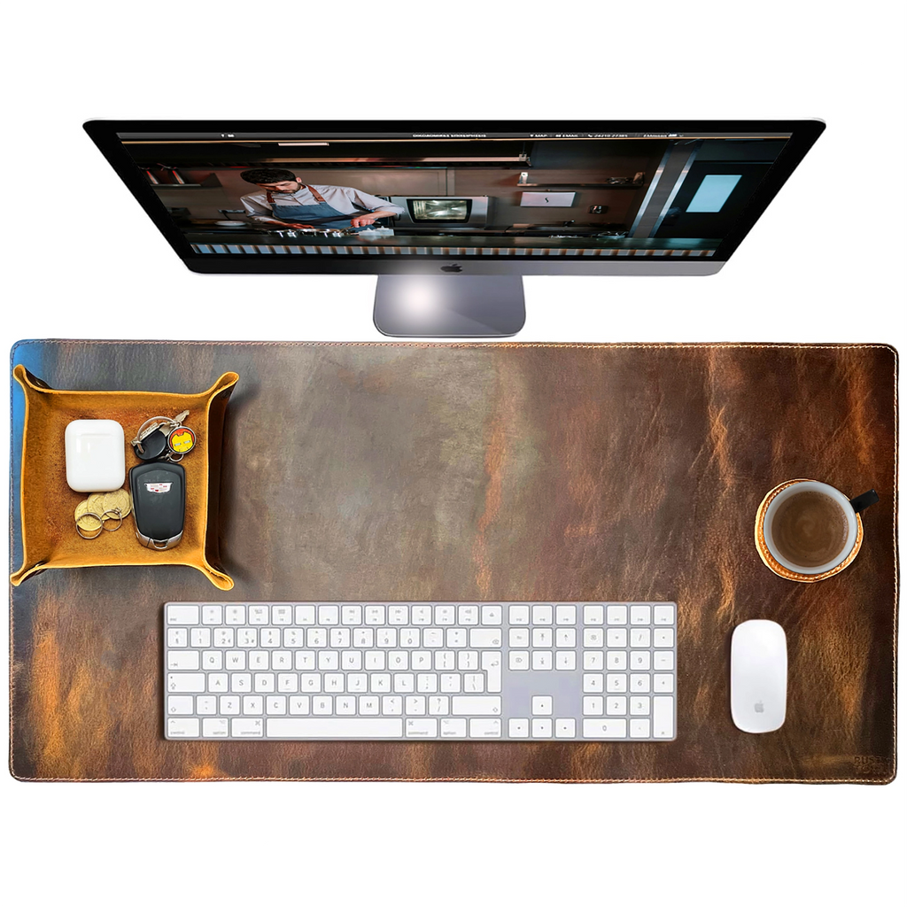 Leather Desk Mat Set | Large Desk Pad with Valet Tray & Coaster 31x15.5
