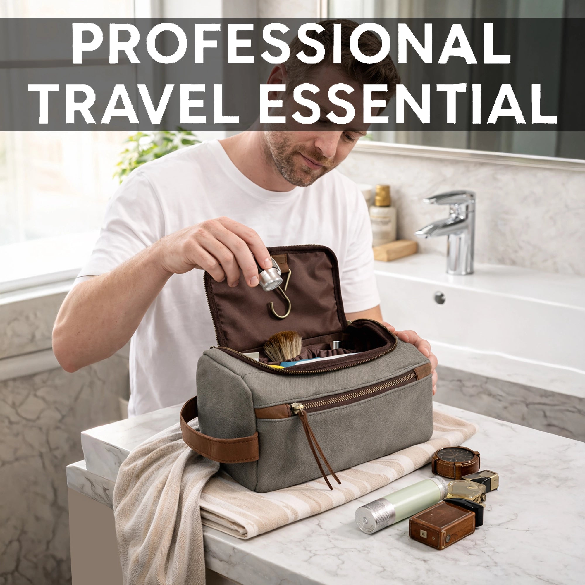 Leather Canvas Hanging Toiletry Bag - Handmade Travel Dopp Kit