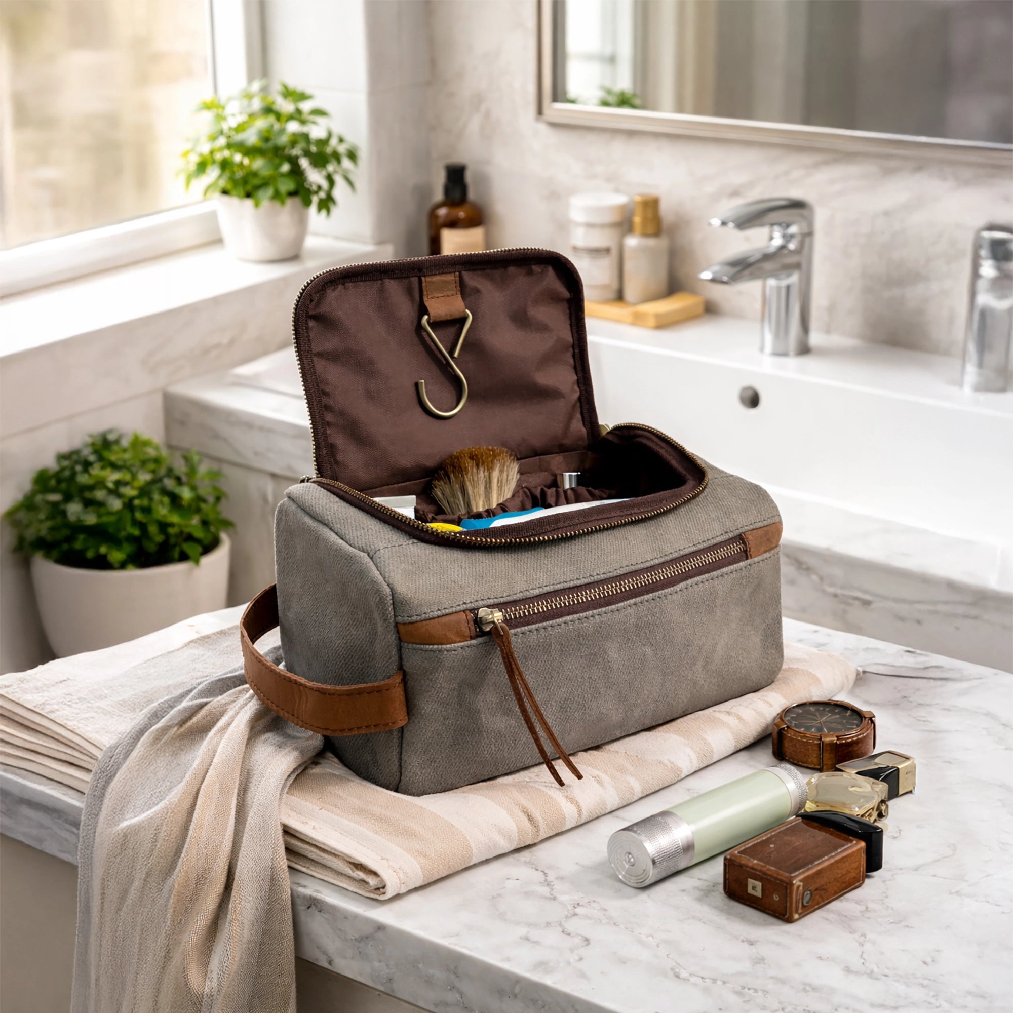Leather Canvas Hanging Toiletry Bag - Handmade Travel Dopp Kit