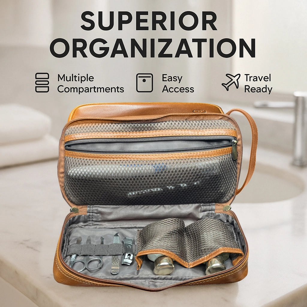 Nancy Leather Travel Makeup Toiletry Bag (Cognac)