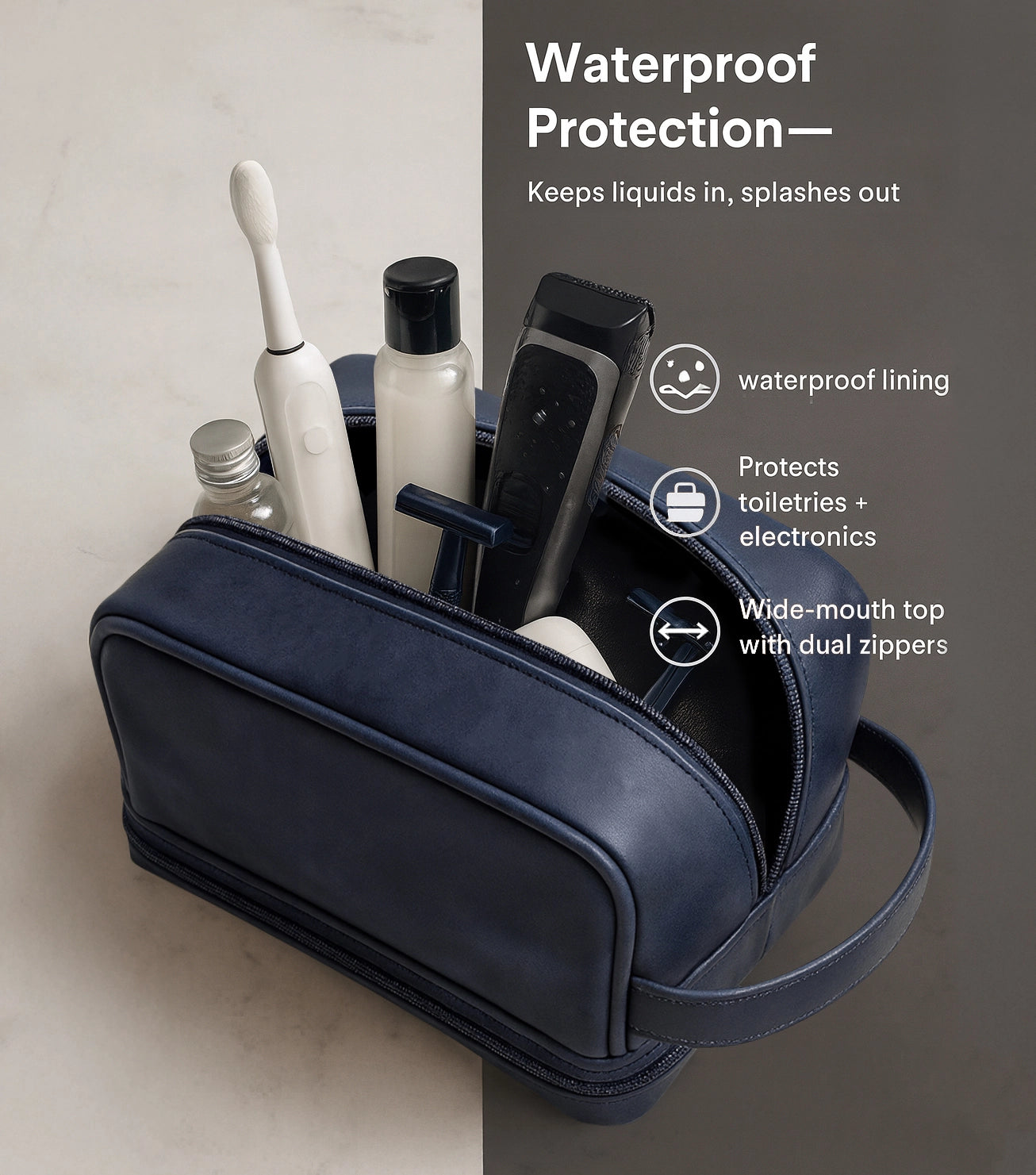 Leather Toiletry Bag for Men & Women - Travel Dopp Shaving Kit