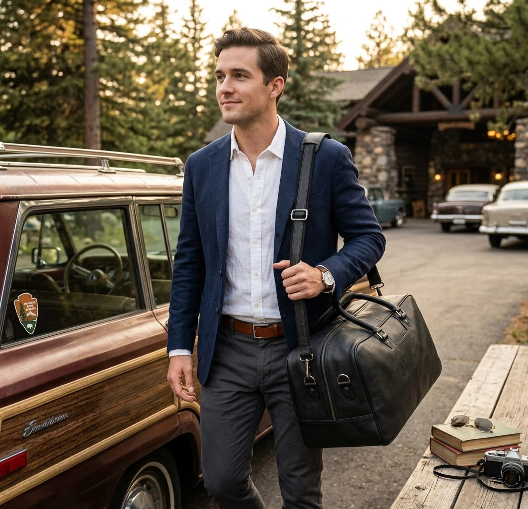 Leather Duffle Bag for Men : Dual Compartment Travel Weekender Bag