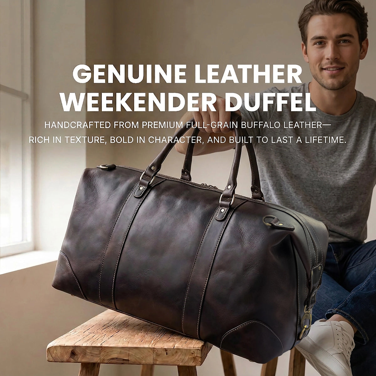 Leather Duffle Bag for Men - Full-Grain Travel Weekender Carry-on