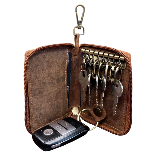 Leather Key Holder Case Zippered Key Organizer Wallet with Belt Hook