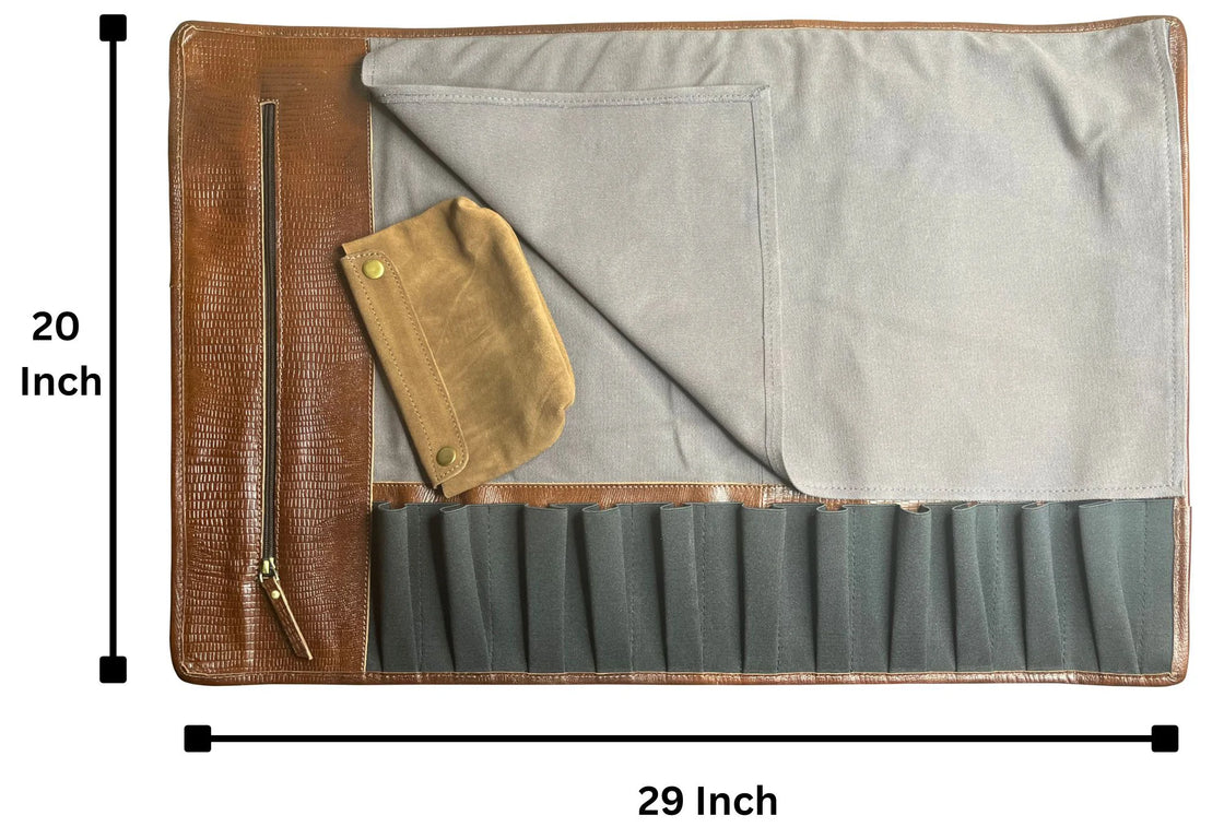 Leather Canvas Knife Roll Storage Bag (Chocolate Grey)