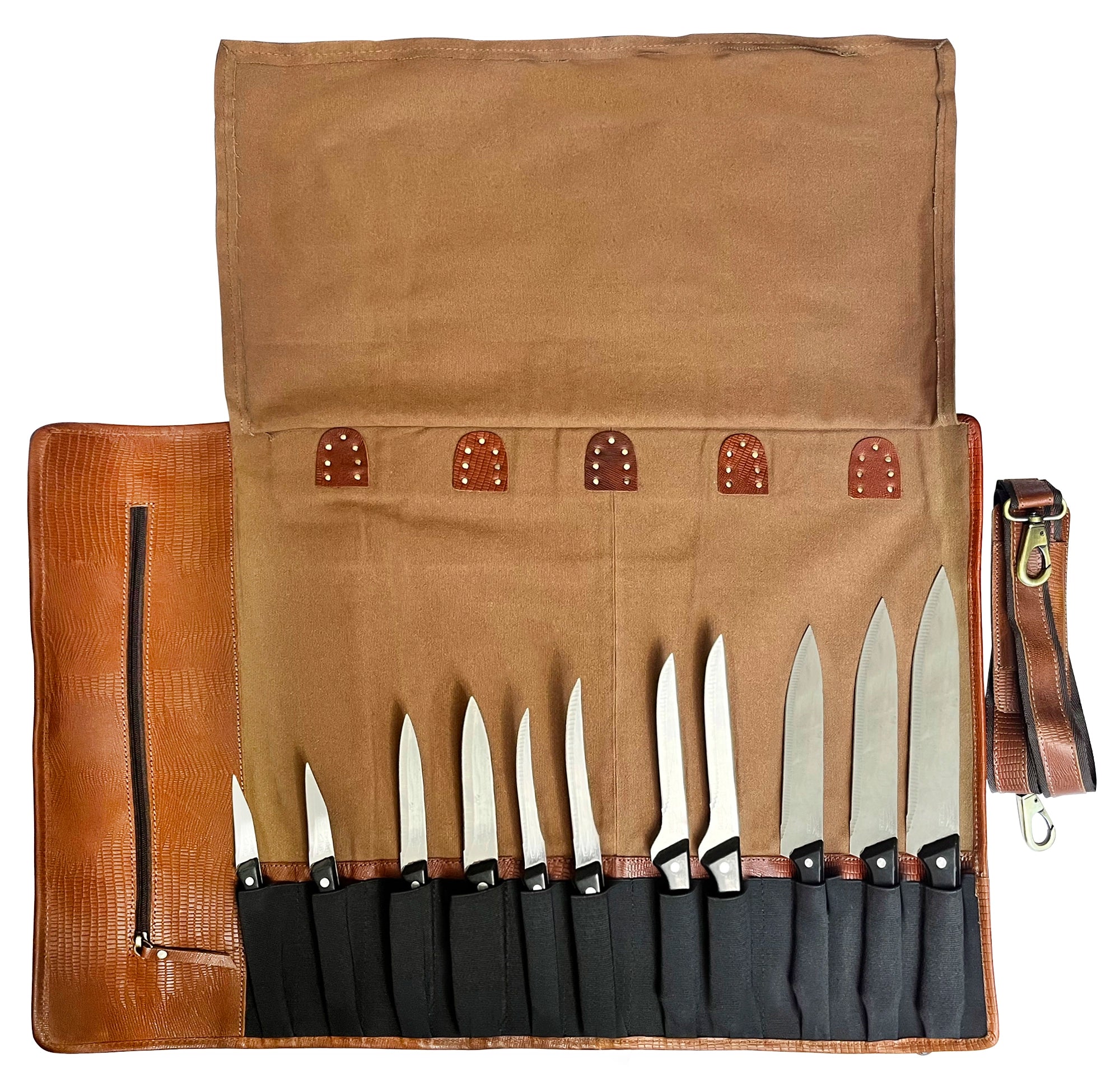 Leather Canvas Knife Roll Storage Bag (Brown Rust)