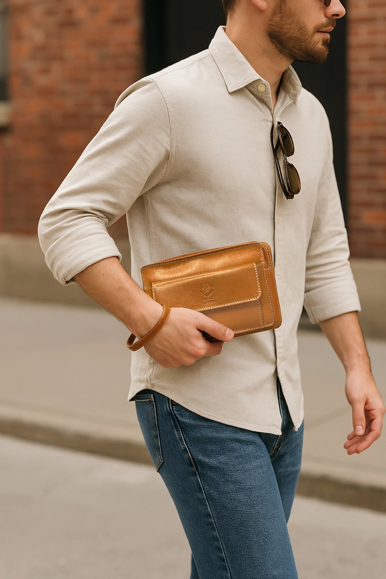Leather Mens Clutch Bag - Travel Wallet Wrist Handbag