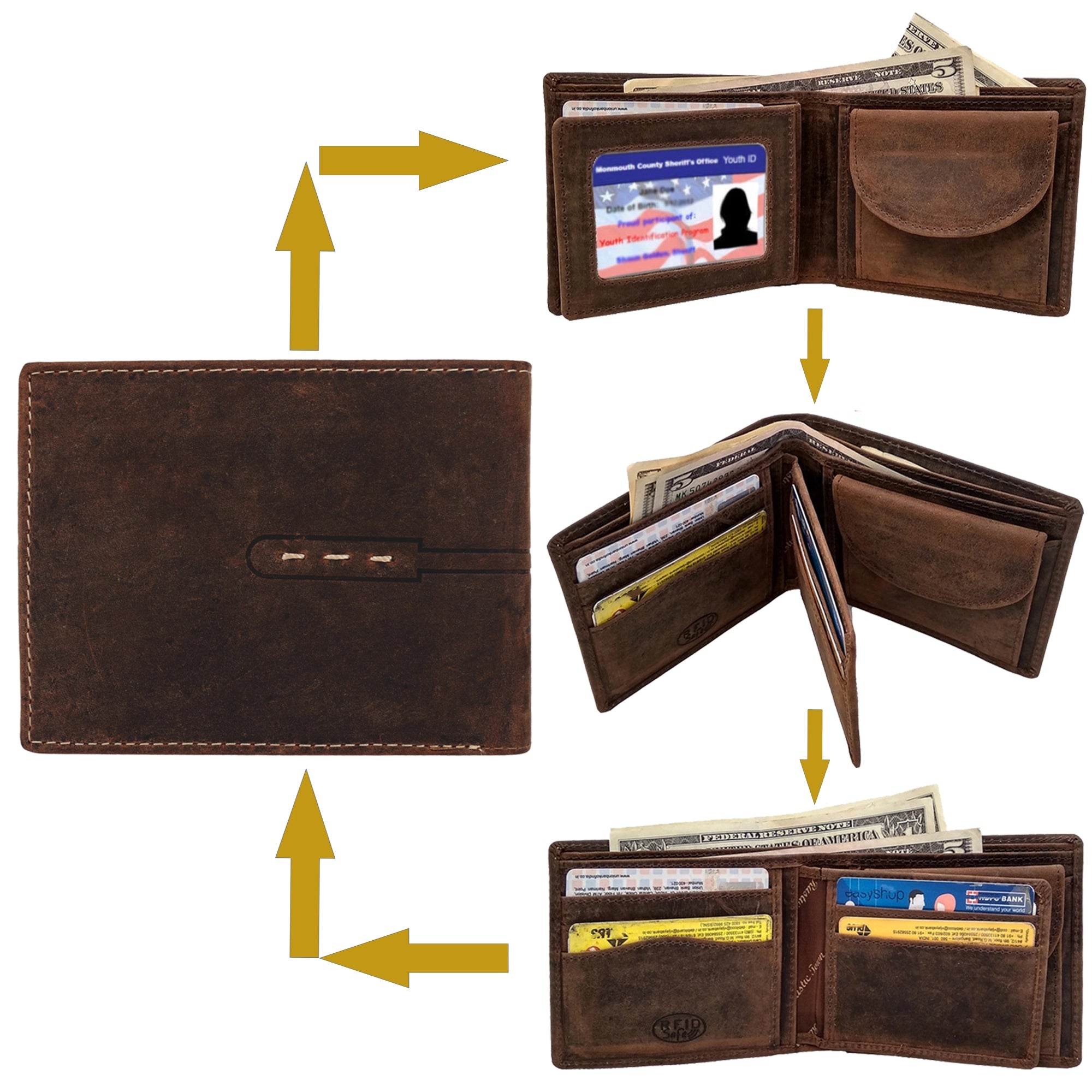 Leather Bifold Wallet for Men - RFID Protecting with Credit Card Slots and Coin Pocket (Brown)