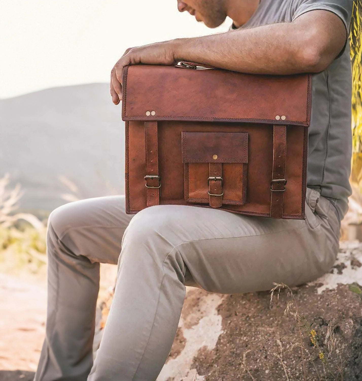 14" Leather Satchel Laptop Messenger Bag
