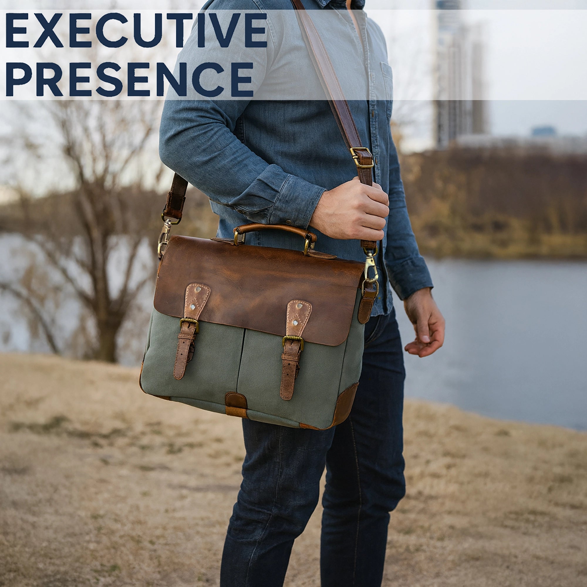 Rover Leather Canvas Messenger Bag Briefcase Laptop Bag (Dark Grey)