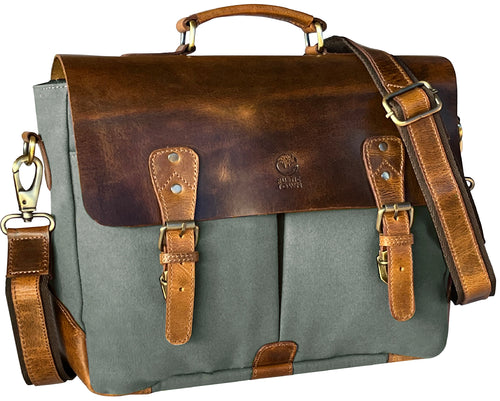 Rover Leather Canvas Messenger Bag Briefcase Laptop Bag (Dark Grey)