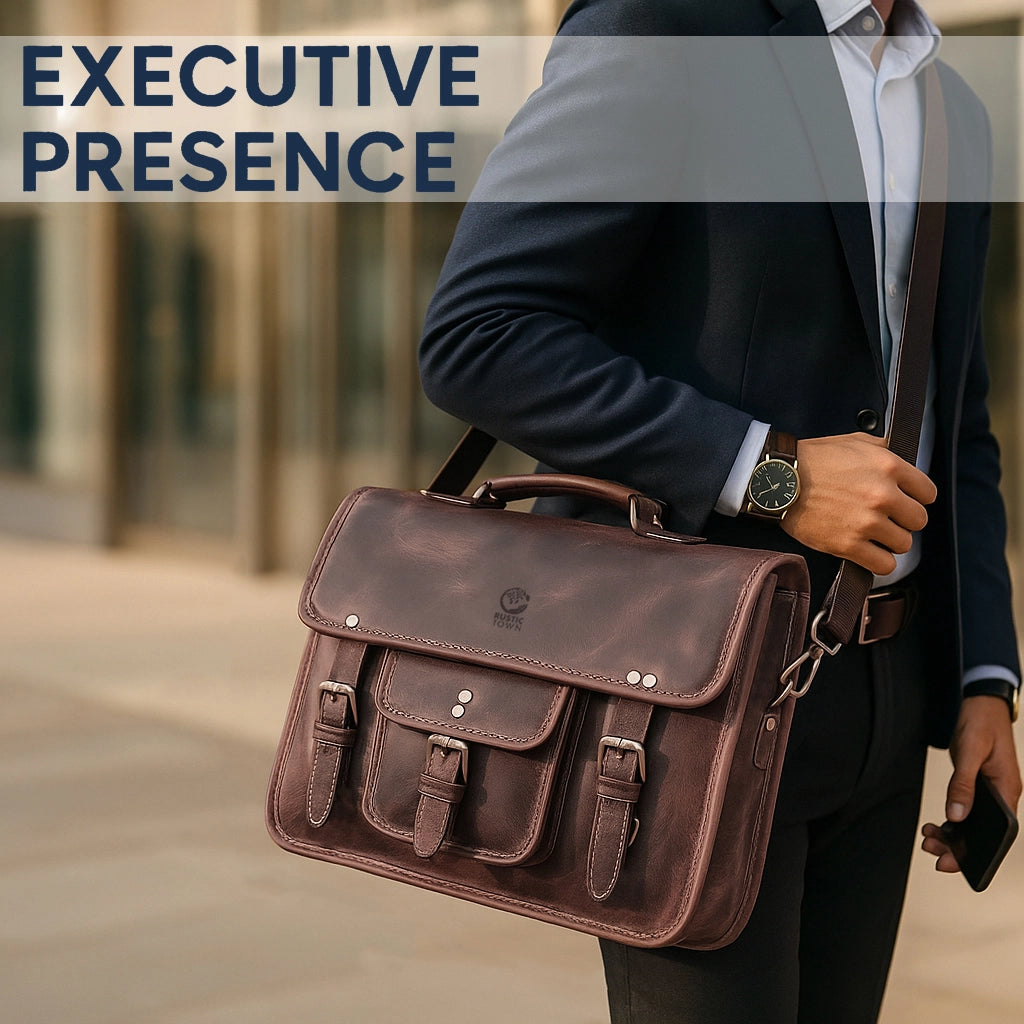 Hunter Buffalo 16" Classic Leather Satchel Briefcase Bag (Walnut Brown)