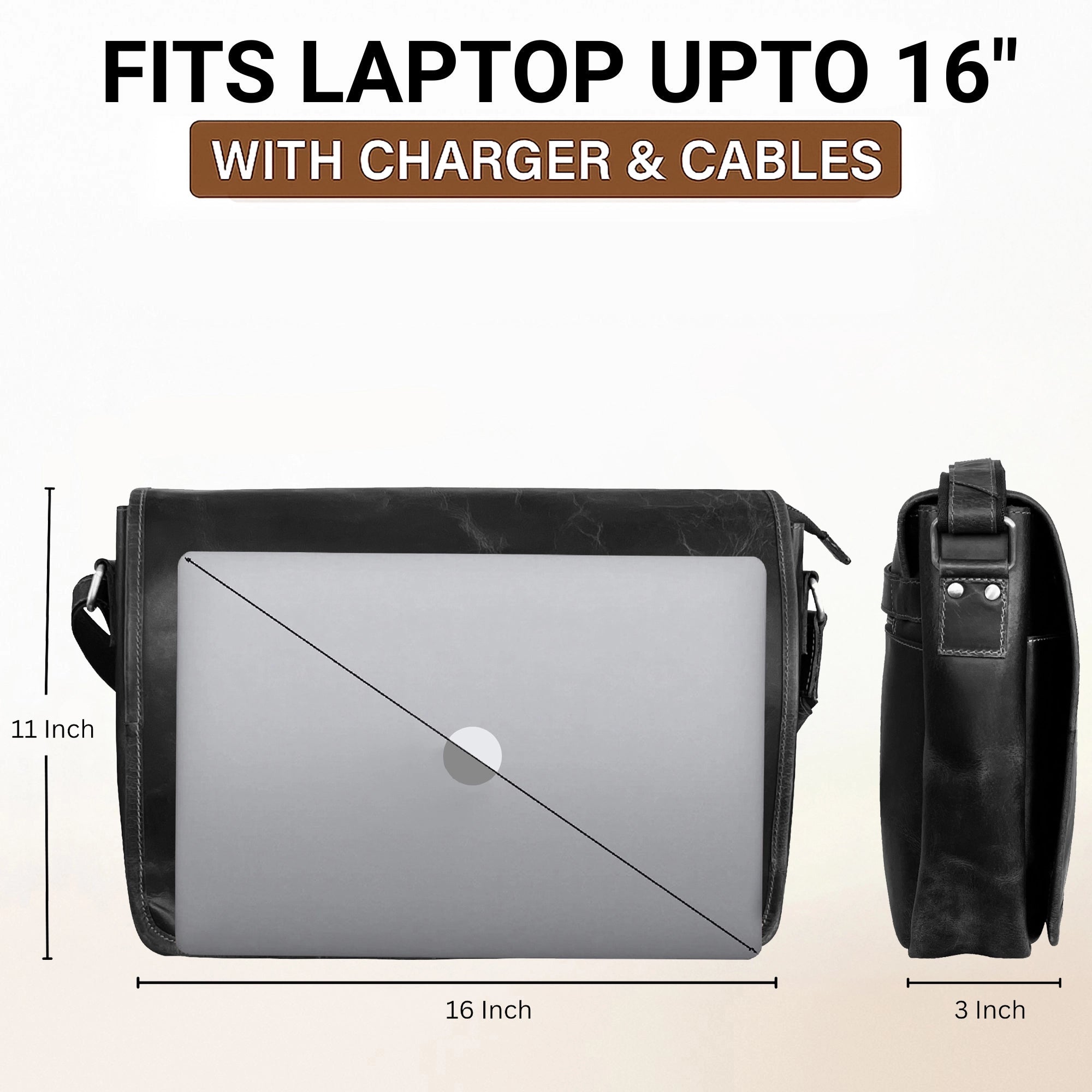 Ranger Buffalo Leather Crossbody Laptop Messenger Bag (Black, 16 inch)