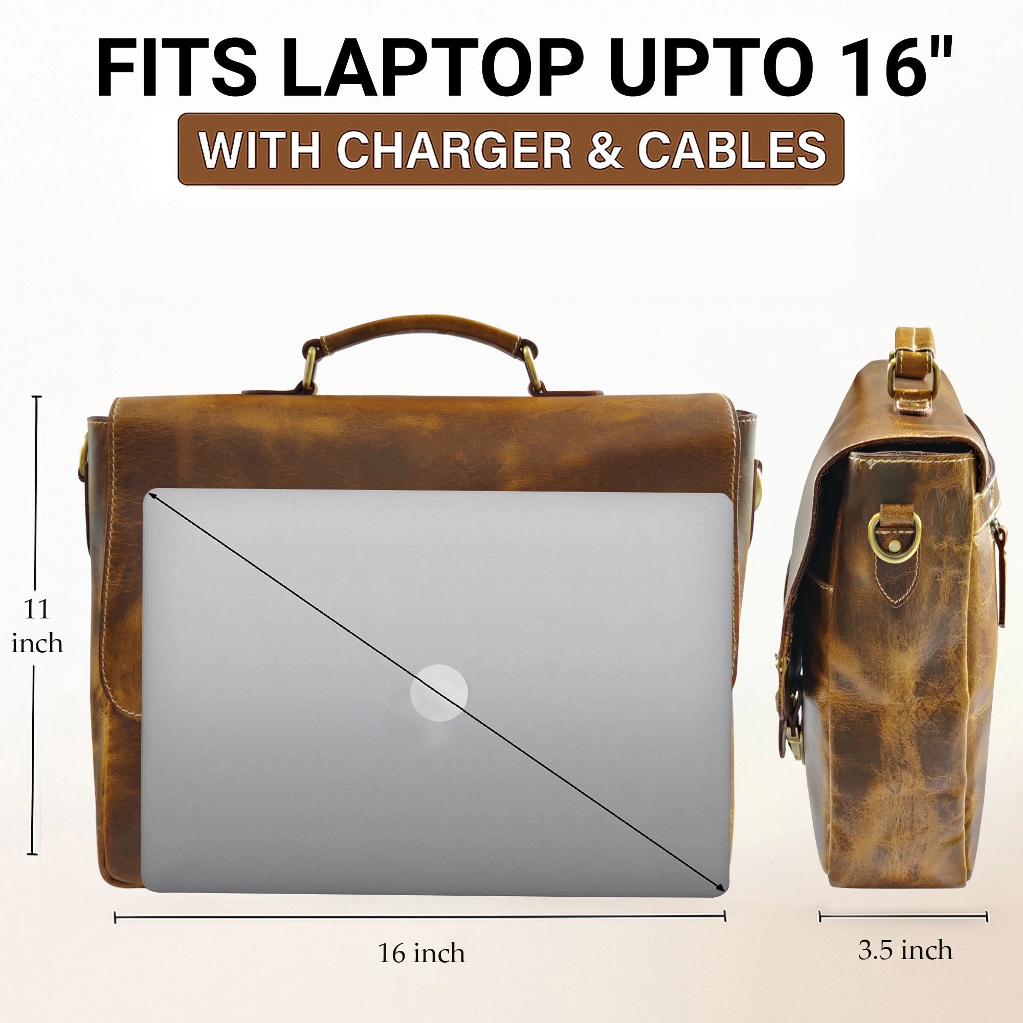 Predator 16" Leather Briefcase Laptop Messenger Bag (Antique Brown)