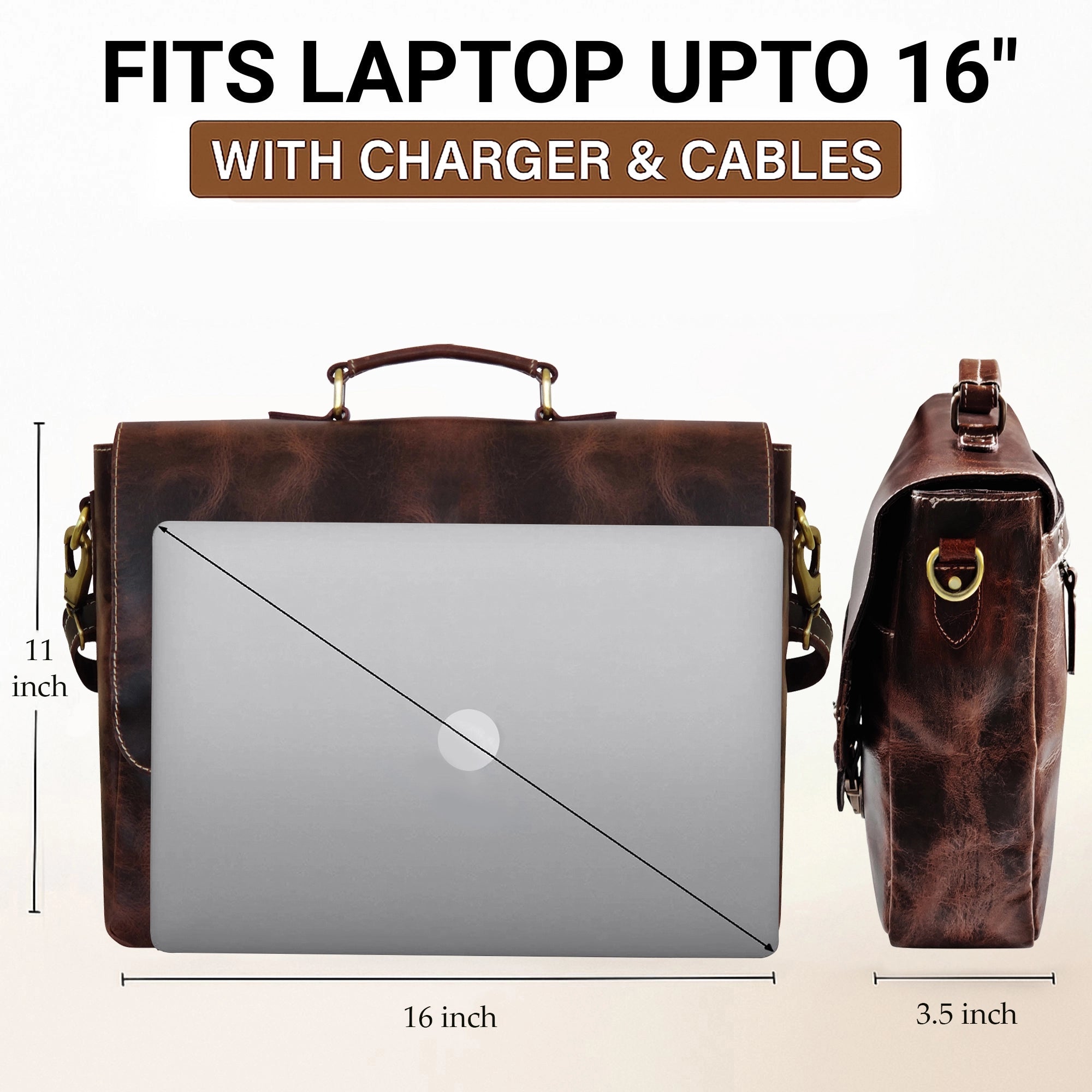Predator 16" Leather Satchel Laptop Briefcase Bag (Walnut Brown)