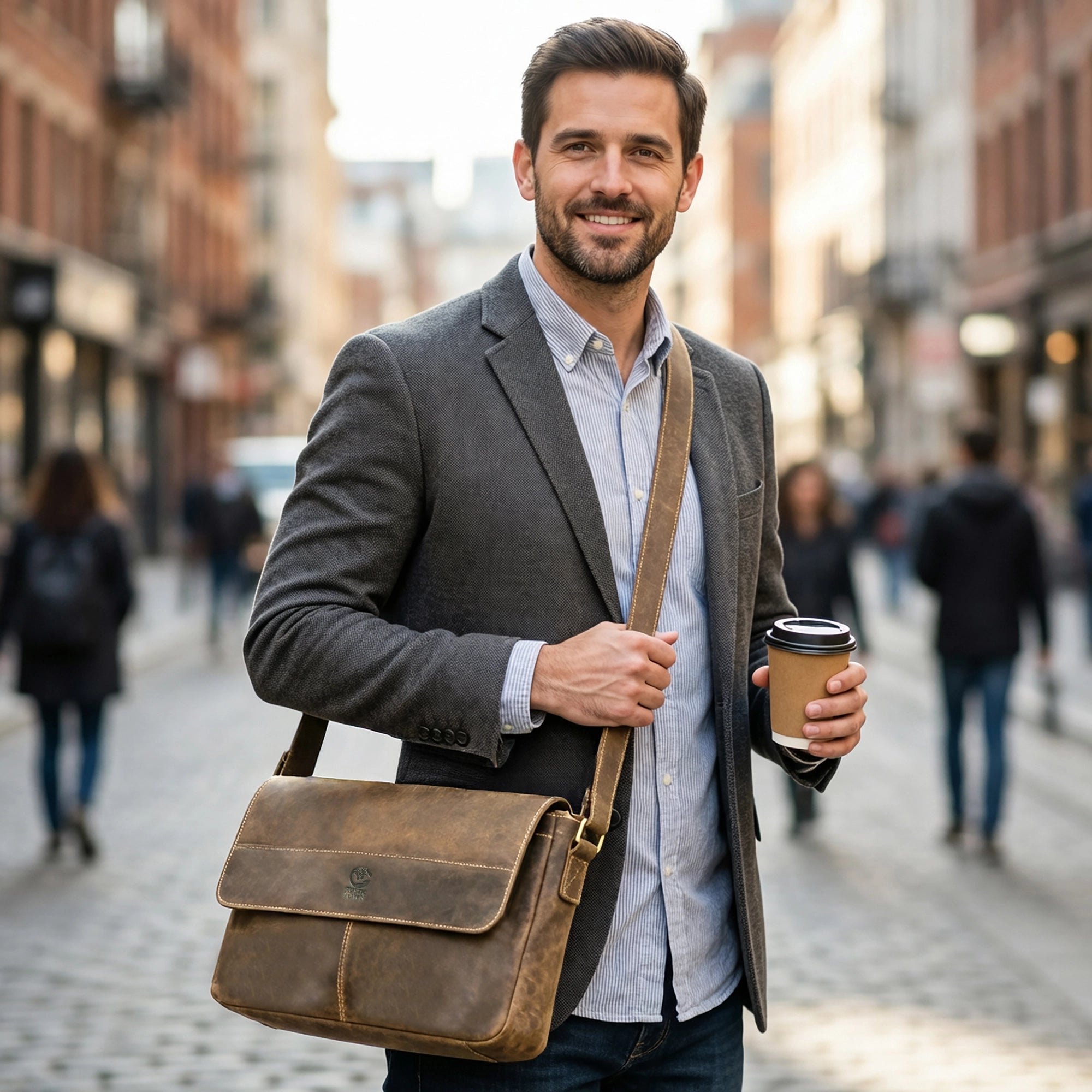 Leather Messenger Bag for Men - Travel Crossbody Laptop Satchel