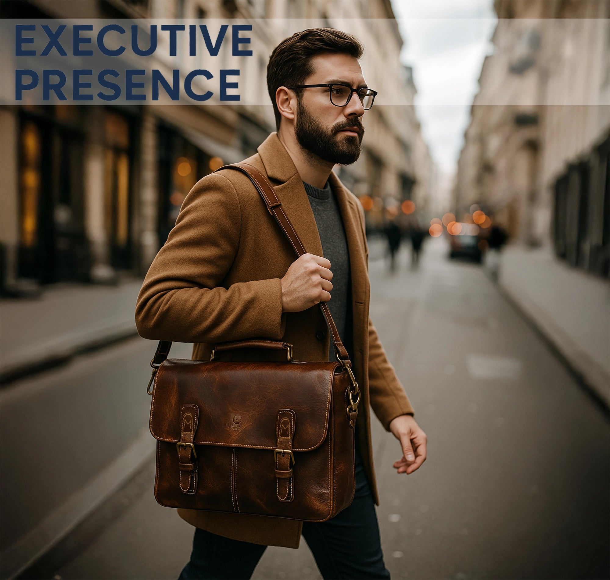 Predator 16" Leather Briefcase Laptop Messenger Bag (Antique Brown)