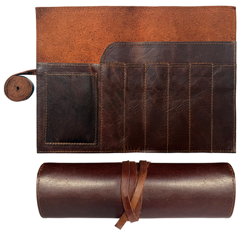 Handcrafted Full-Grain Leather Pencil Roll Up Case for Men Women