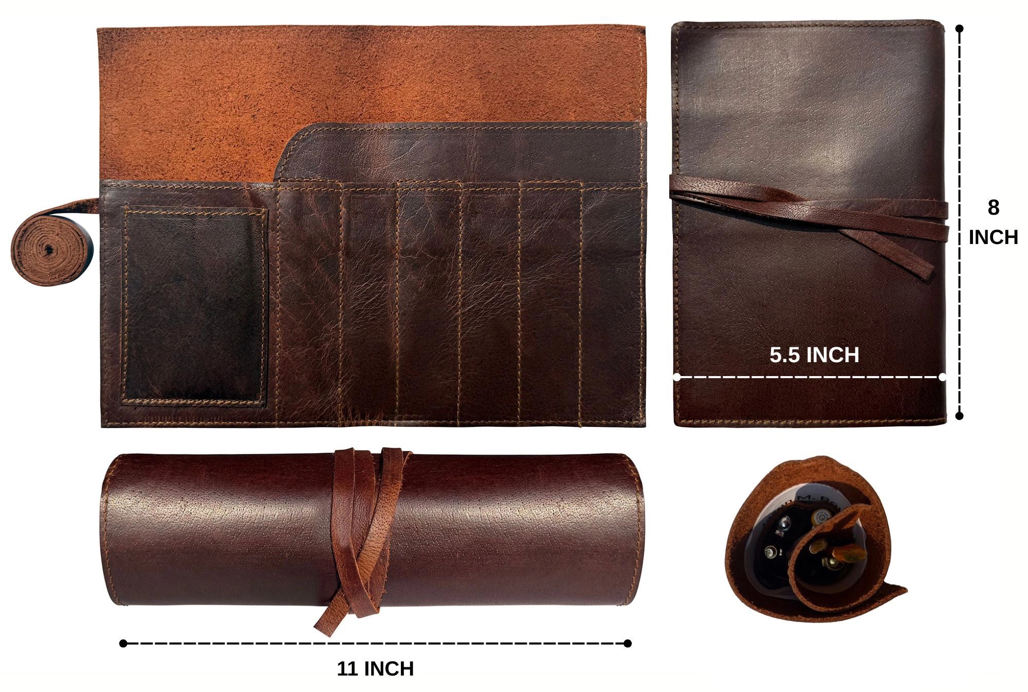 Handcrafted Full-Grain Leather Pencil Roll Up Case for Men Women
