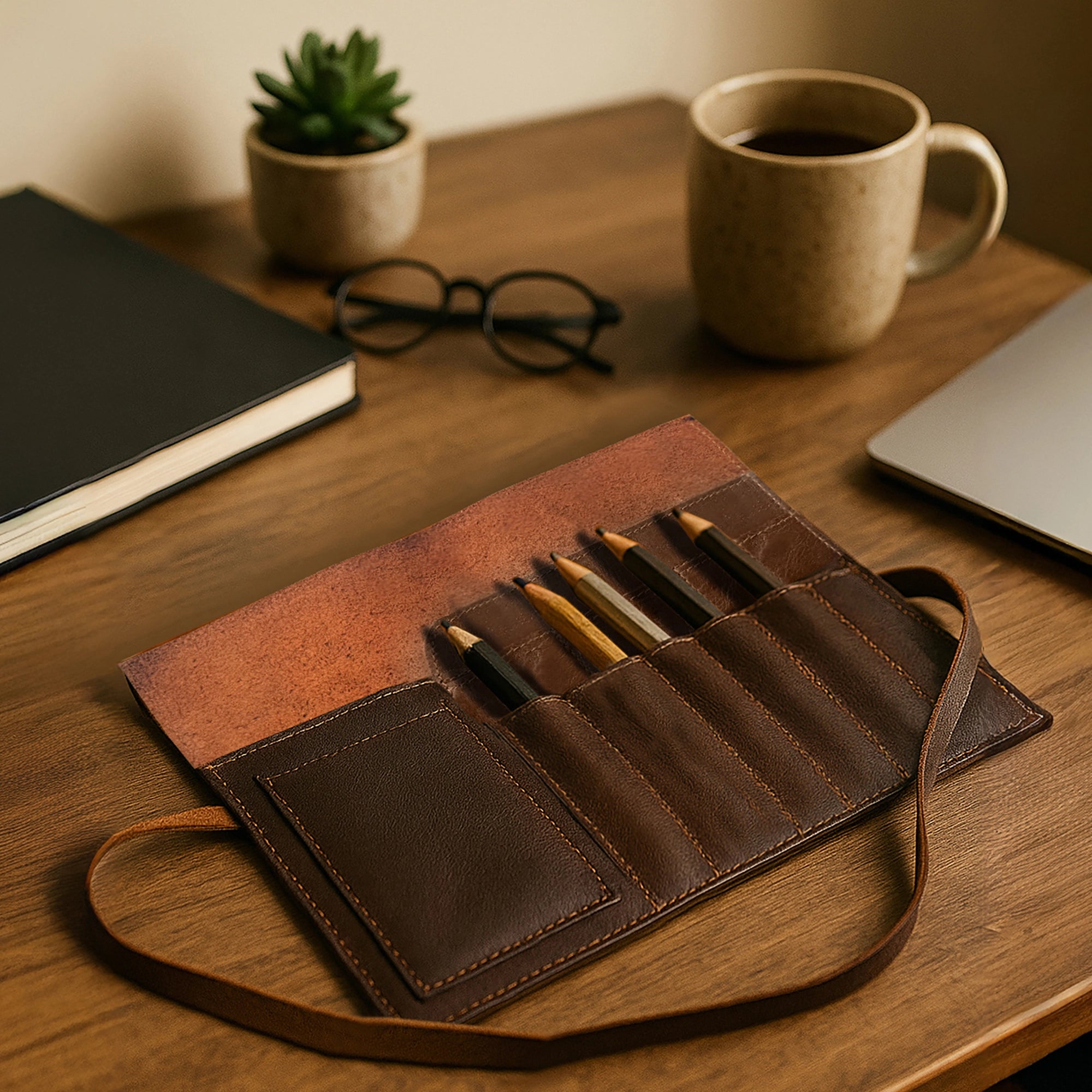 Handcrafted Full-Grain Leather Pencil Roll Up Case for Men Women