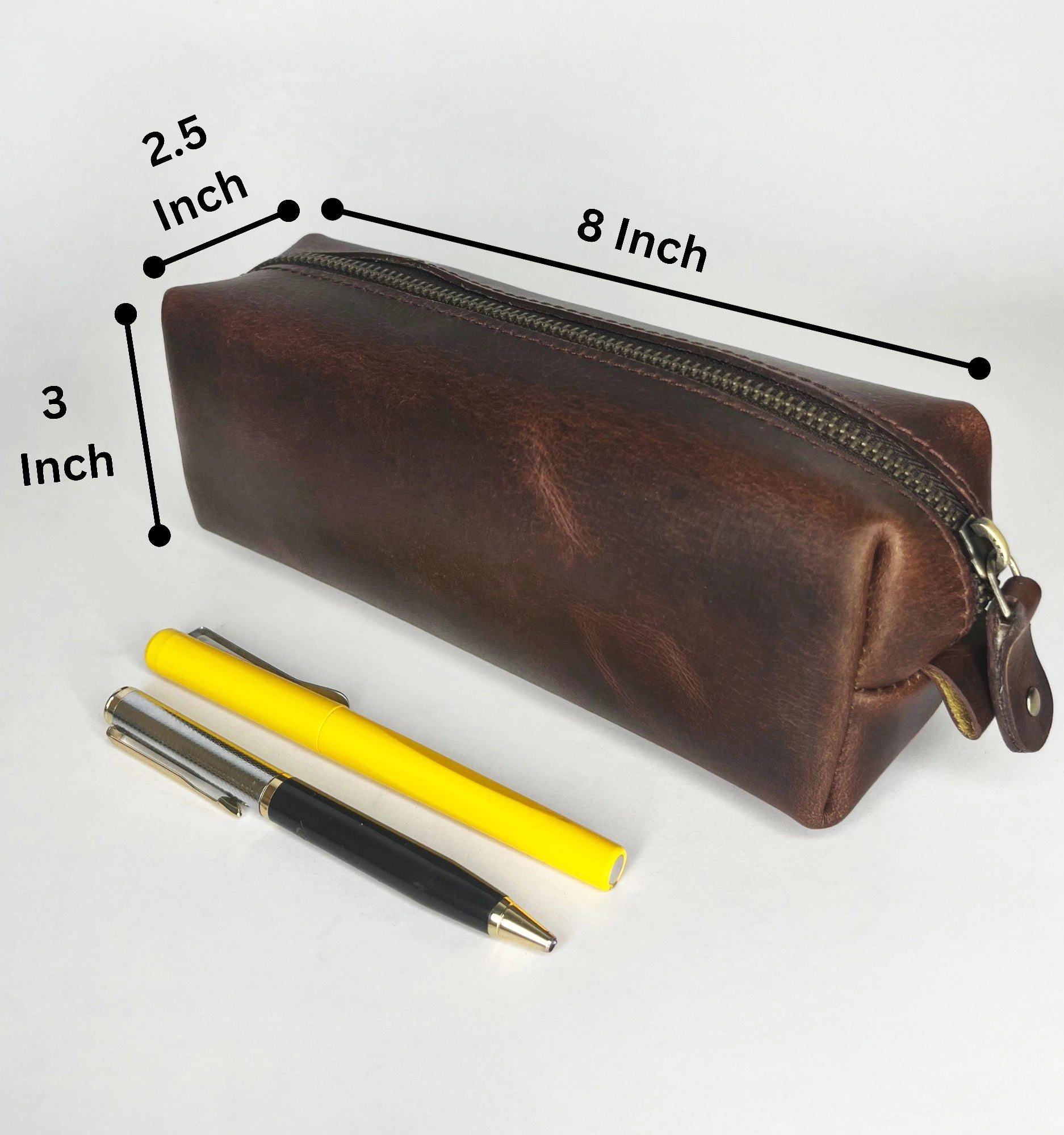 Leather Pencil Case - Handcrafted Premium Zippered Pen Pouch (Walnut Brown)