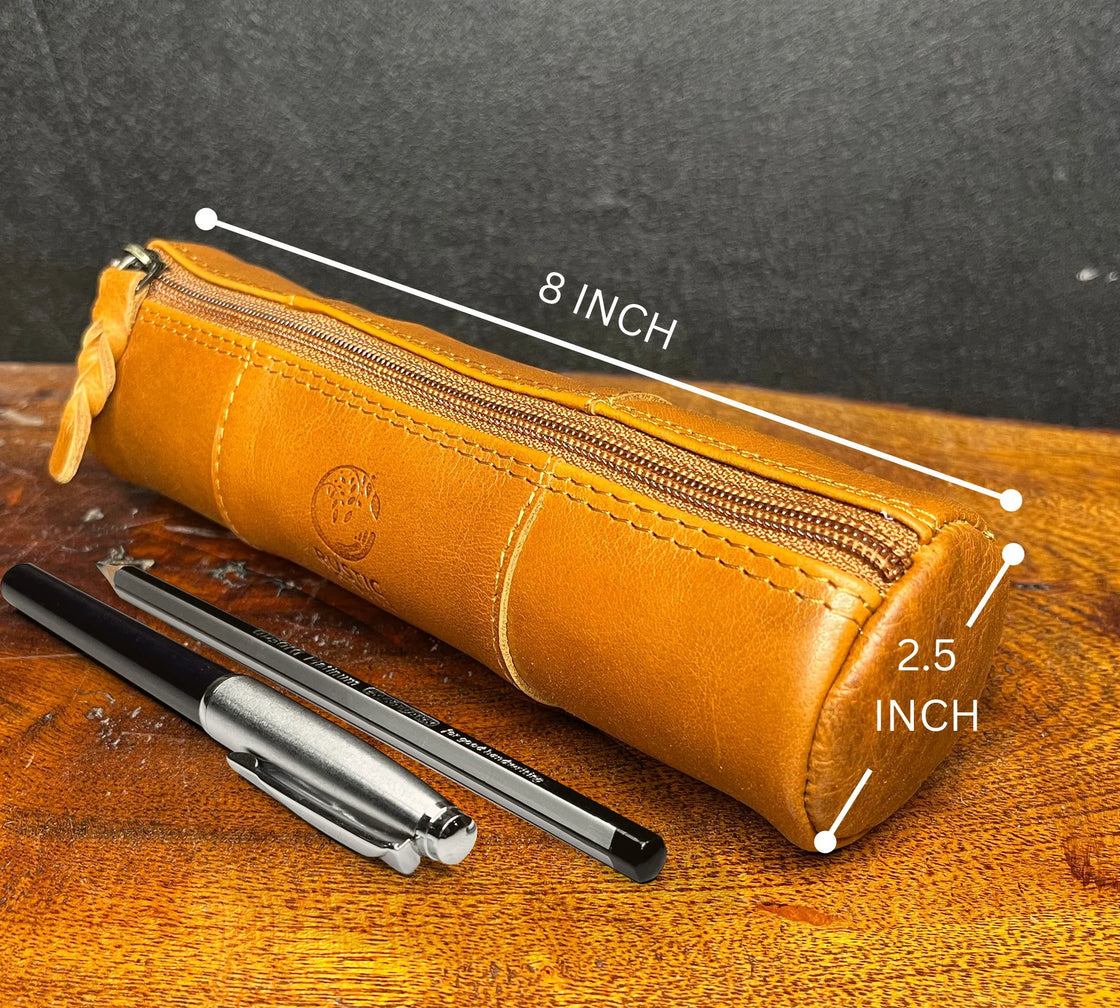 Winnie Leather Zipper Pen Pencil Case (Cognac)