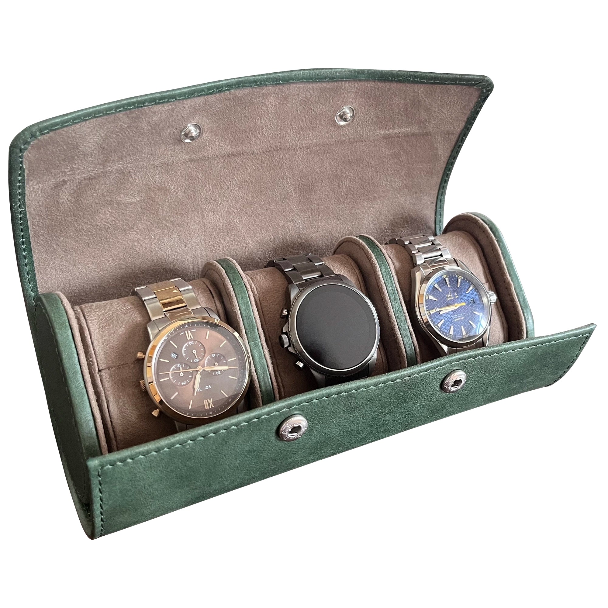 Classic Leather Travel Watch Case - 3 Slots (Green)
