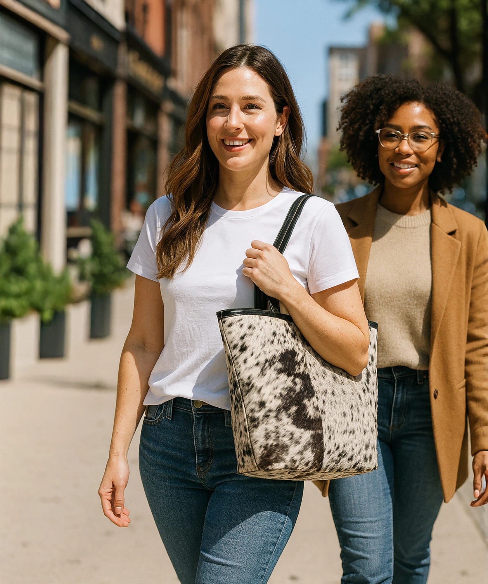 Leather Tote Bag for Women - Hair On Shoulder Satchel Handbag (Black)