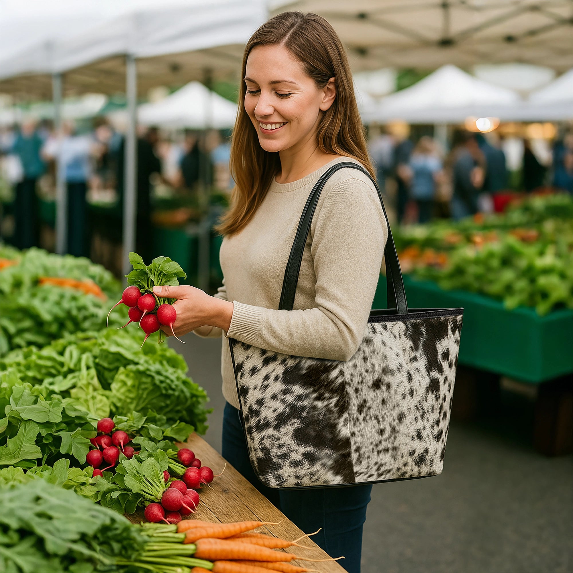 Leather Tote Bag for Women - Hair On Shoulder Satchel Handbag (Black)