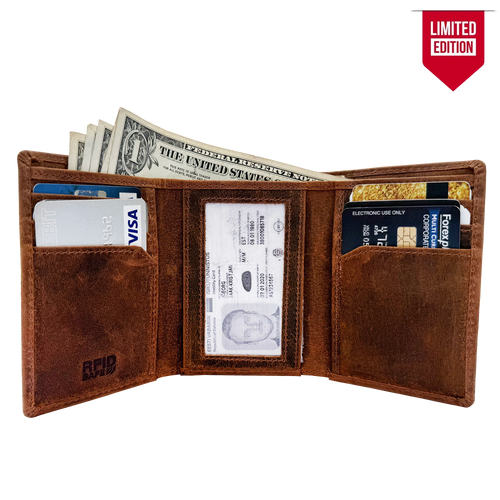 Leather Trifold Wallet for Men - Full Grain RFID Blocking with Card Slots