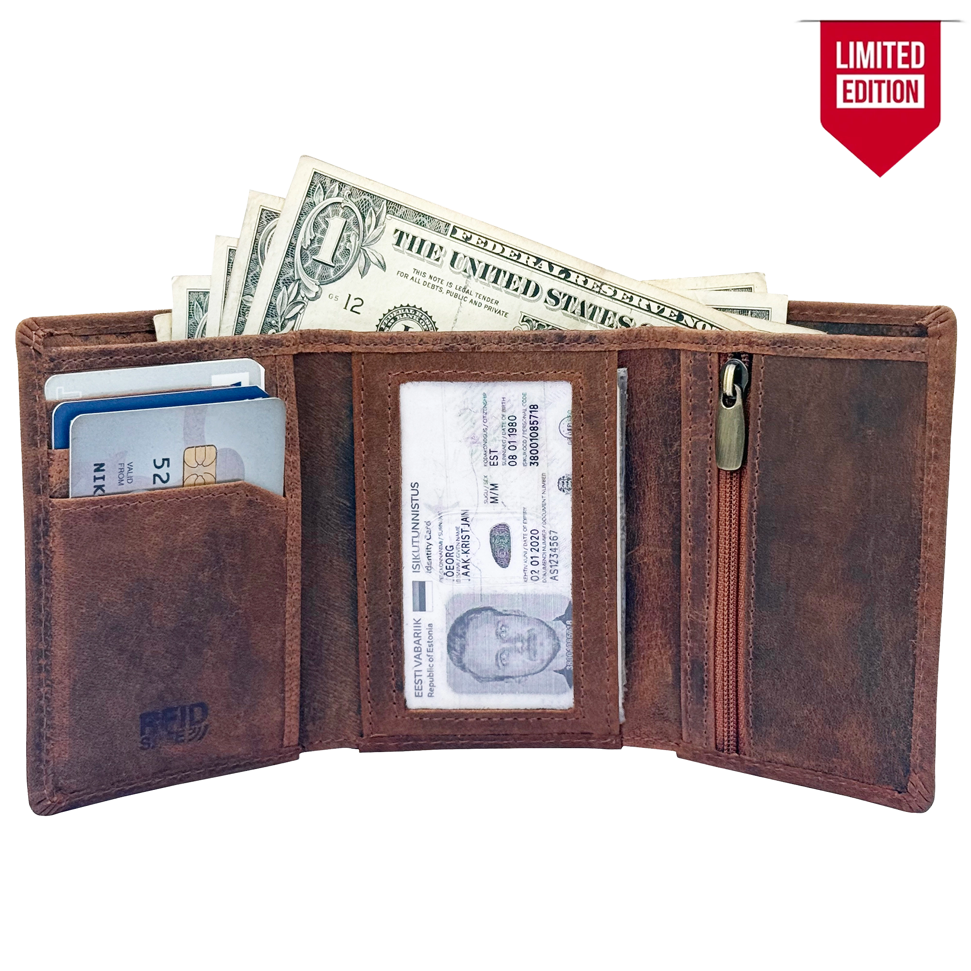 Leather Trifold Wallet for Men - Full Grain RFID Blocking with Coin Pocket