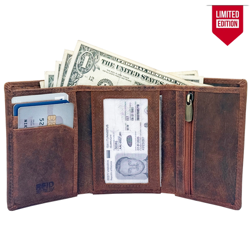 Leather Trifold Wallet for Men - Full Grain RFID Blocking with Coin Pocket