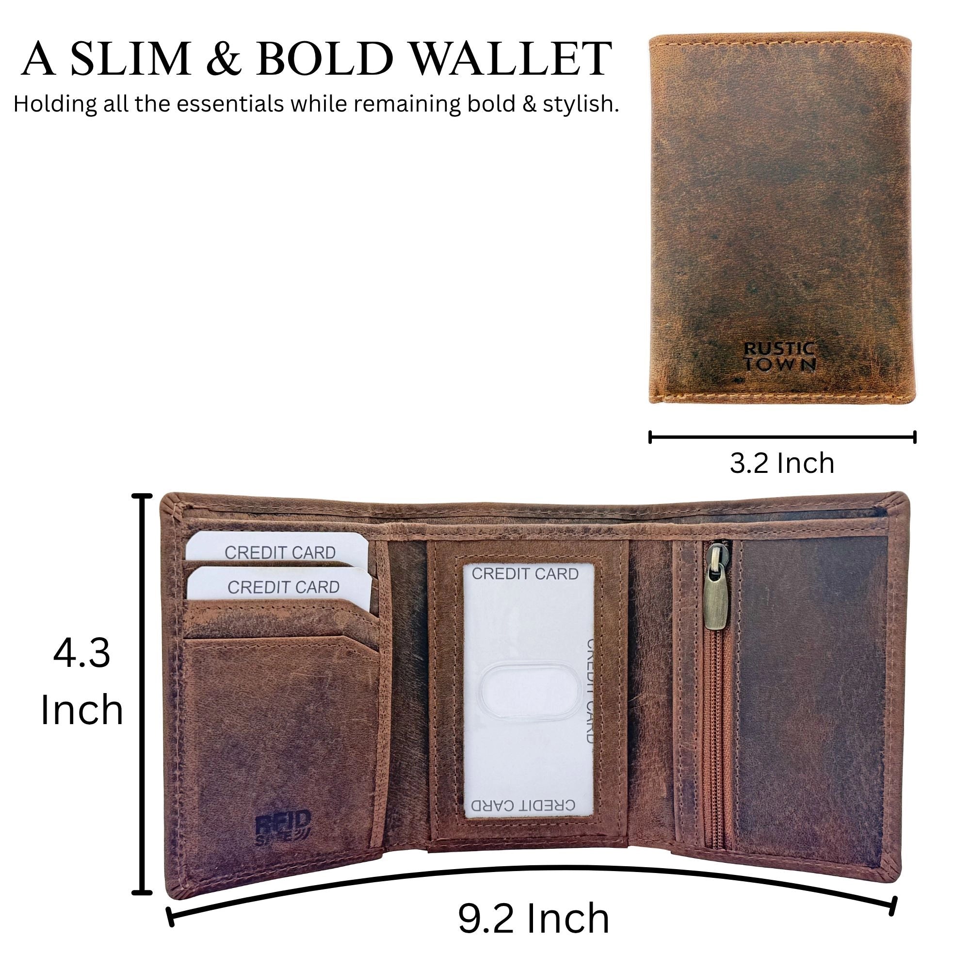 Leather Trifold Wallet for Men - Full Grain RFID Blocking with Coin Pocket