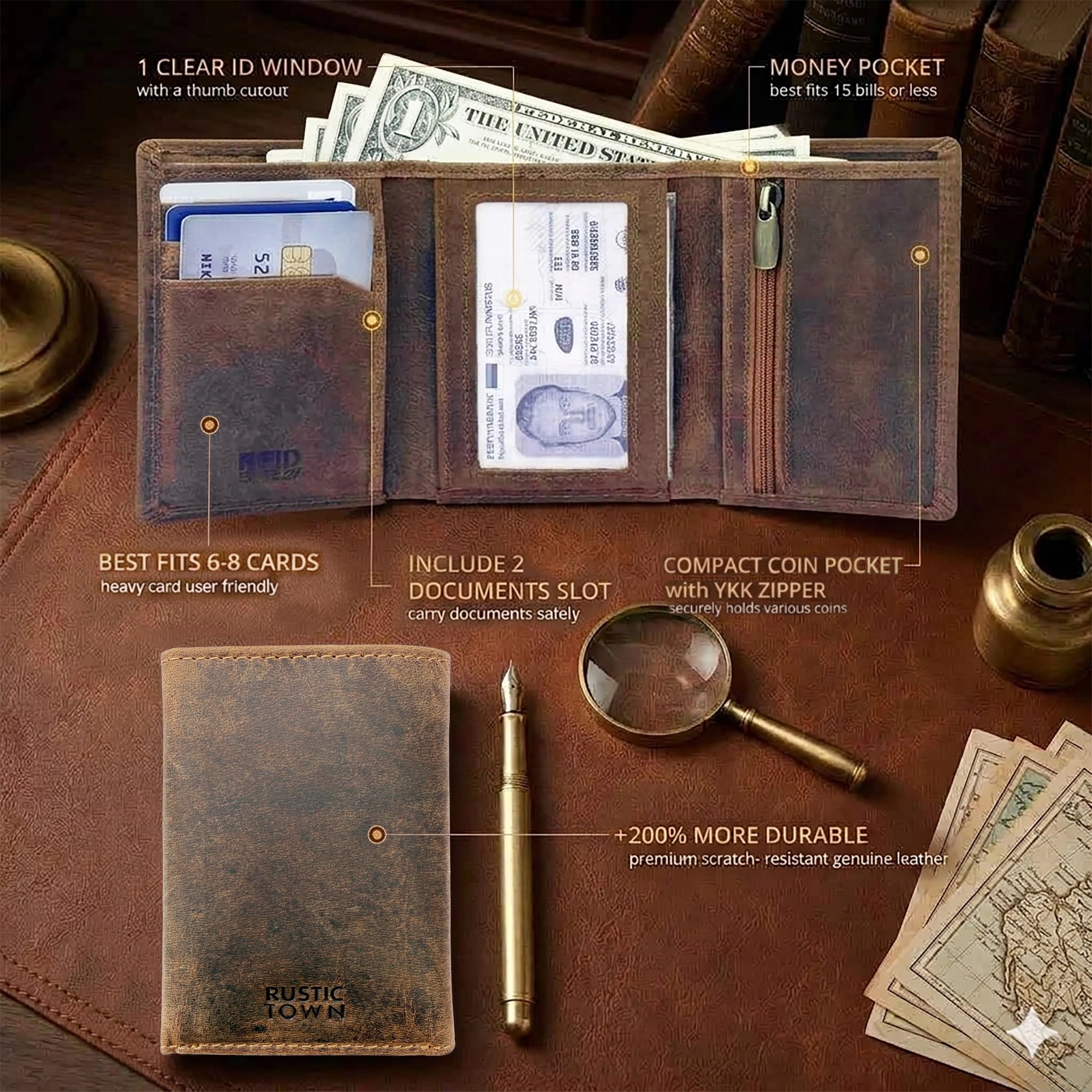 Leather Trifold Wallet for Men - Full Grain RFID Blocking with Coin Pocket