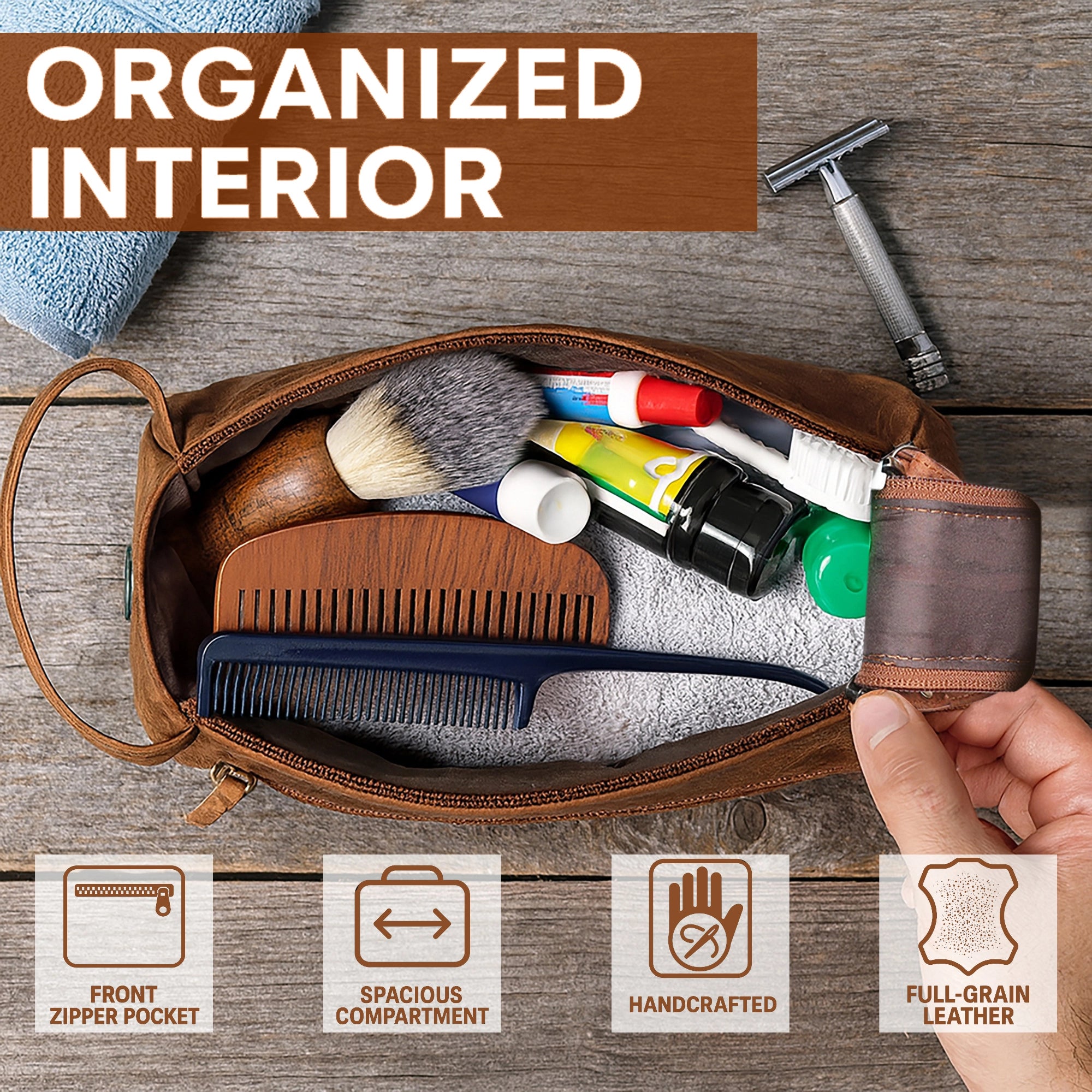 Full-Grain Leather Travel Toiletry Bag (Brown)