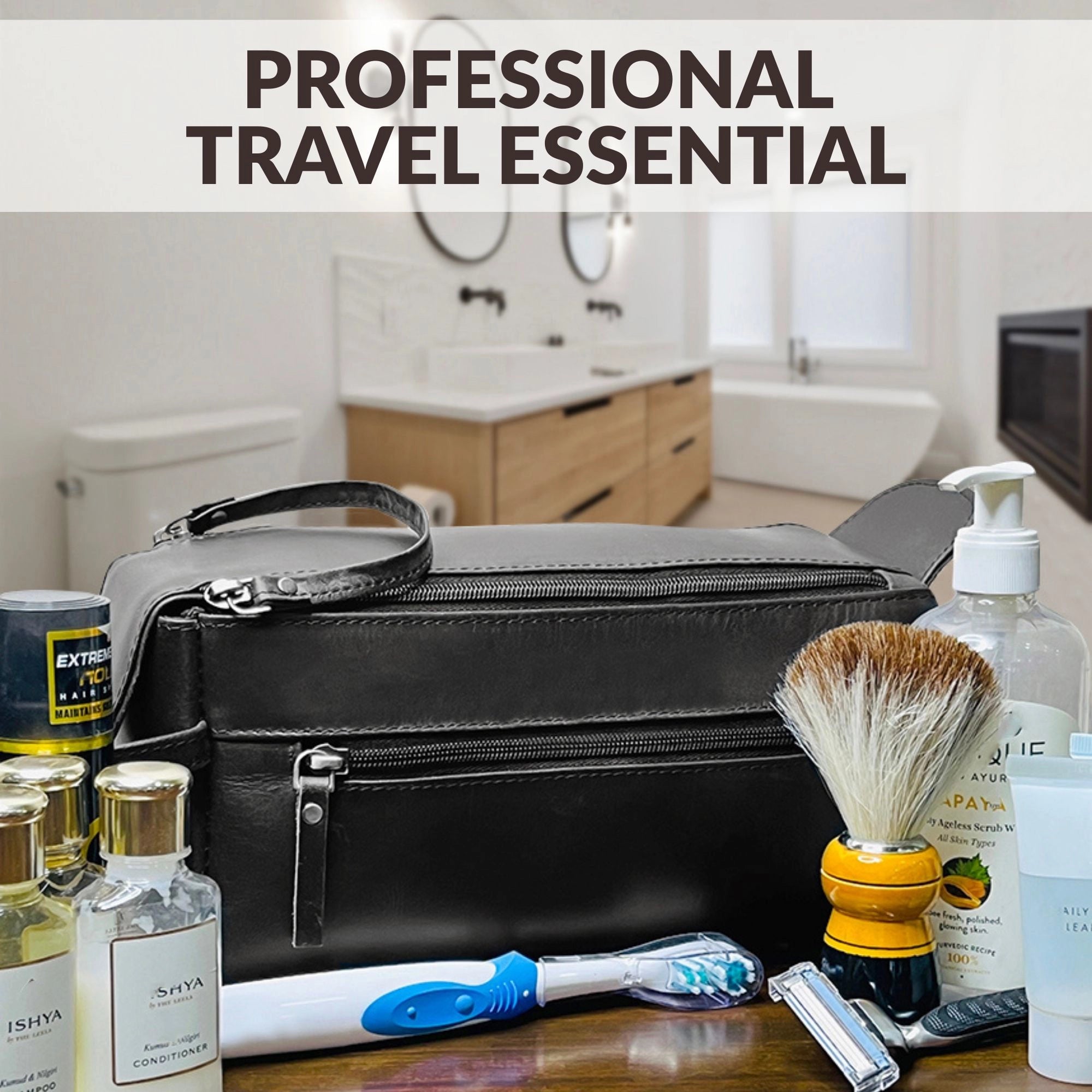 Leather Toiletry Bag for Men (Black)